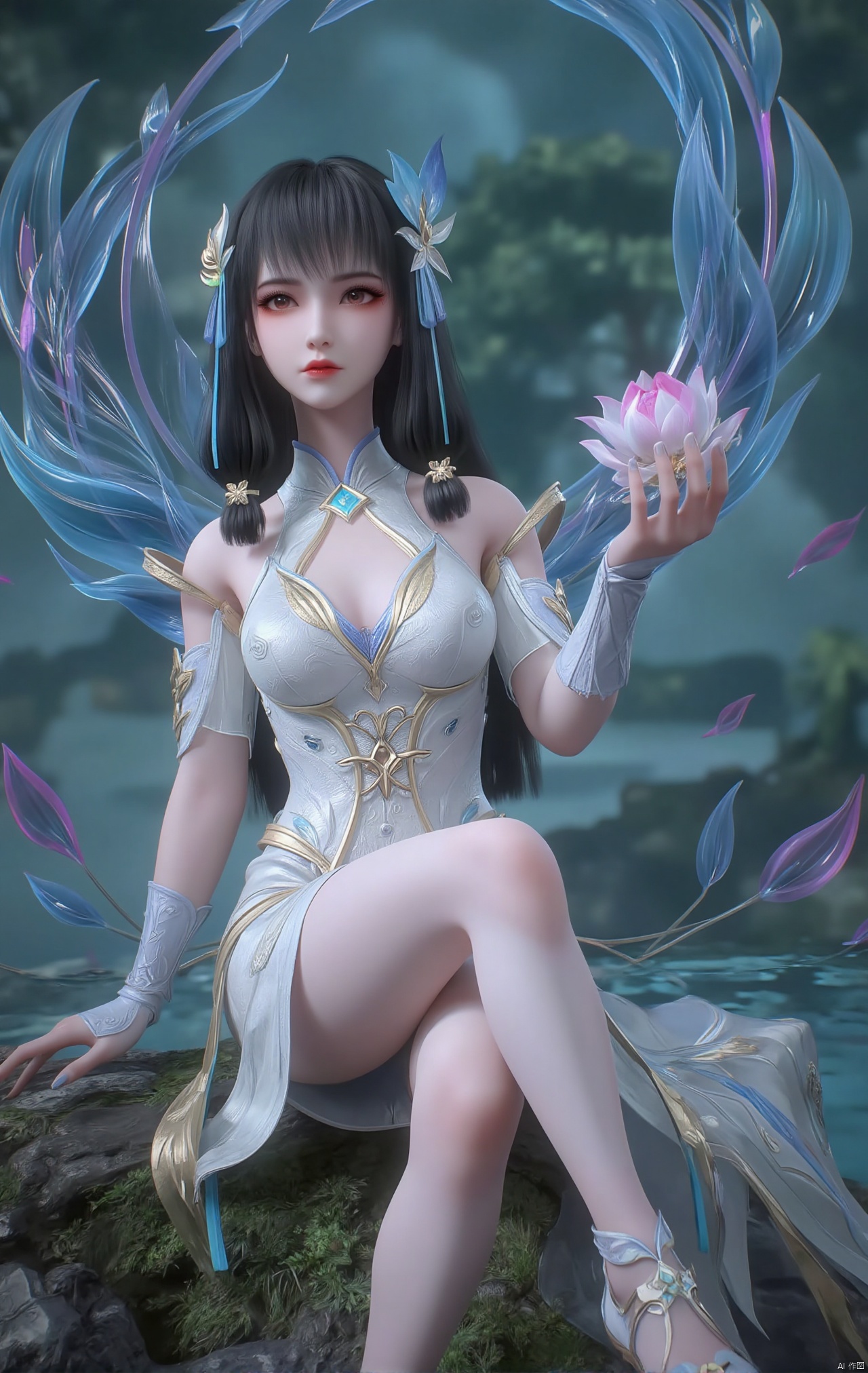  masterpiece,1girl,black hair,(Sitting by the lotus pond in the garden:1.3),(short dress:1.39),black eyes,beautiful face,short sleeves,holding flower,looking at viewer,(huge breasts:2.79),(full breasts:1.99),Xzhaoliner,Xyaoxi,Xsulingyun,XyunluoX,Xhenrendadi,Xlannuo
