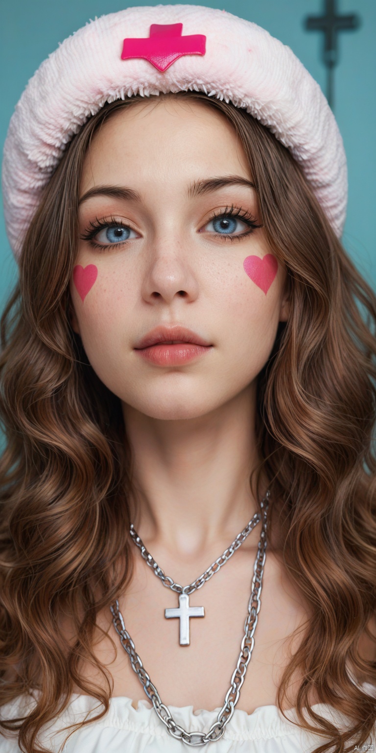 OBwans,Halloween makeup,Highly detailed face,
This is a high-resolution photograph of a young woman with an ethereal, doll-like appearance. Her skin is fair and smooth, and she has long, wavy brown hair cascading down her shoulders. She wears a fluffy white fur hat that adds a touch of whimsy to her look. Her makeup is elaborate and striking: she has bold, winged eyeliner that accentuates her large, expressive blue eyes, and her cheeks are painted with a soft pink blush that contrasts with her pale skin. Her lips are full and painted a deep red, enhancing her doll-like features. She also has a bandage on her nose, adding a touch of injury or medical theme to her look. On her cheeks, there are small pink heart stickers and a larger pink bandage sticker with a cross pattern, adding to the playful, almost cartoonish aesthetic. She wears a delicate, silver chain necklace that adds a touch of elegance to her otherwise youthful and whimsical look. The background is neutral, allowing the focus to remain entirely on her face and makeup. The image is vibrant and colorful, with a high level of detail that emphasizes the intricate makeup and the doll-like quality of her appearance.,score_9 score_8_up score_7_up