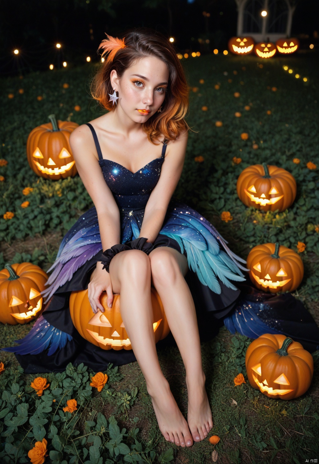 A serene 8K photo of a  girl (GG),((lots of galaxy+halloween color feathers):1.3), orange tone color, cute face, sitting, Hair pumpkin, decorative art, In the flowers,earrings,eyelashes,a charming face,glowing lips,clavicle,shoulder exposure,floating petals,dreamy and beautiful,bare legs,full body,yc-hd,score_9 score_8_up score_7_up,
