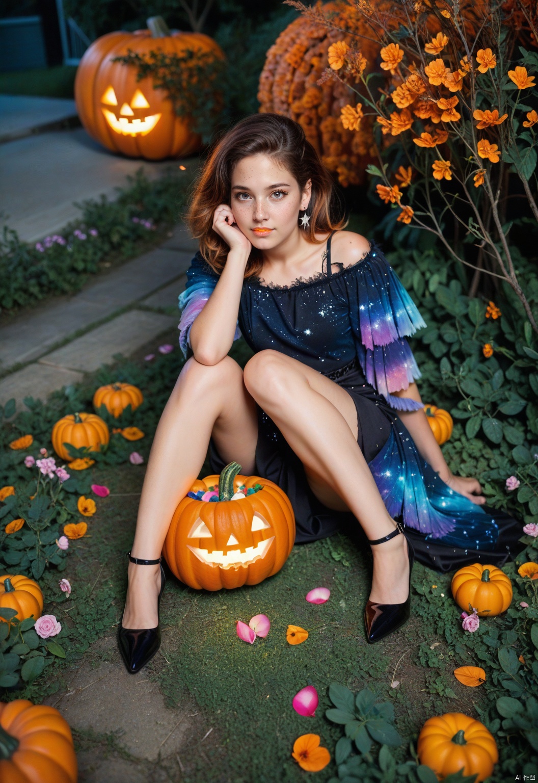 A serene 8K photo of a  girl (GG),((lots of galaxy+halloween color feathers):1.3), orange tone color, cute face, sitting, Hair pumpkin, decorative art, In the flowers,earrings,eyelashes,a charming face,glowing lips,clavicle,shoulder exposure,floating petals,dreamy and beautiful,bare legs,full body,yc-hd,score_9 score_8_up score_7_up,
