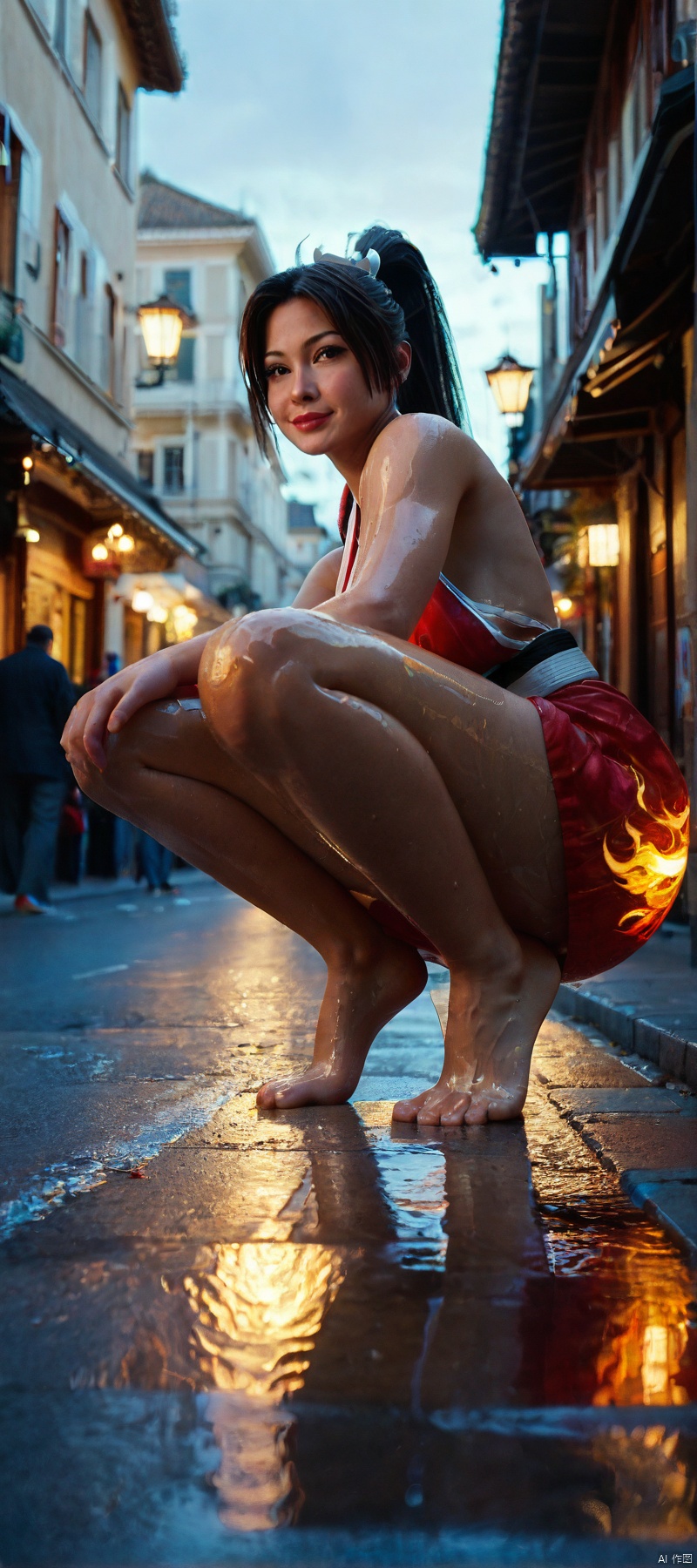 1 girl, flame body, masterpiece, top quality, beautiful and aesthetic:1.2, (1girl:1.3), (full body:1.5), on the crowded street, full of people on Shanghai street, color run race,  leonard,looking at viewer, extreme detailed,cinematic lighting, story, narrative quality, ((crouched on tiptoes))score_9 score_8_up score_7_up, (extreme low angle).BLENDER STYLE.wet oiled body,Wet body,   Shiranui Mai,