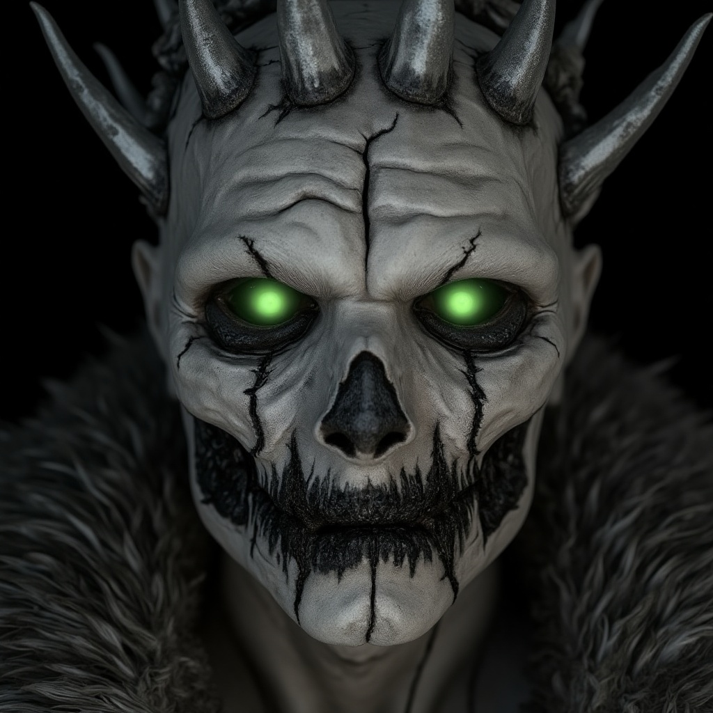 man with pale, decayed skin, sunken eyes glowing faintly in eerie green, deep cracks running through his face like ancient stone. His mouth is sewn shut with coarse black thread, but blood seeps through the gaps. Dark shadows emphasize his hollowed cheeks, and his brow is furrowed with deep wrinkles. Pieces of bone are visible through the skin on his temples, and he wears a crooked crown of rusted metal, giving him the look of a once-powerful king who has returned from the grave.