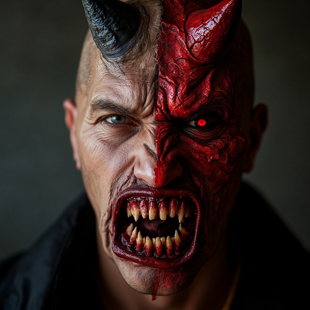 man’s face is half human, half demon. One side is his normal face, though pale and sweating, with fear in his eyes. The other side is a grotesque demonic transformation: the skin is red and cracked, with black horns breaking through his forehead. His eye glows red, and his mouth is twisted in a cruel, unnatural grin. His lips are smeared with dark blood, and veins bulge across his neck as though the demon inside him is trying to take full control.