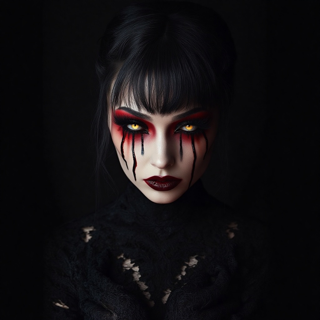 earsome vampire queen emerges from the shadows, her makeup a masterpiece of dark glamour. Her porcelain face is framed by deep red and black hues around her eyes, making her look both regal and terrifying. Her lips are painted a rich, blood-red, and fake blood drips from the corners of her mouth. Her eyes glow with an otherworldly yellow, contrasting her sleek, raven-black hair. She wears a flowing black gown with intricate lace details, radiating power and danger under the full moon.