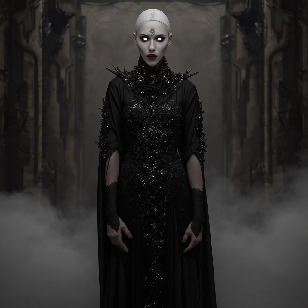 tall vampire queen stands proudly in a grand, ancient hall. Her face is pale but sculpted with precise makeup: deep burgundy lips, dramatic black eyeshadow, and silver highlights around her sharp eyes that glow faintly in the dark. Her long, flowing black dress glitters with dark gemstones, and her nails are painted a glossy black. Her veins are subtly visible beneath her skin, adding a supernatural touch. A mist swirls at her feet as she gazes out, both alluring and terrifying, the very essence of Halloween horror.