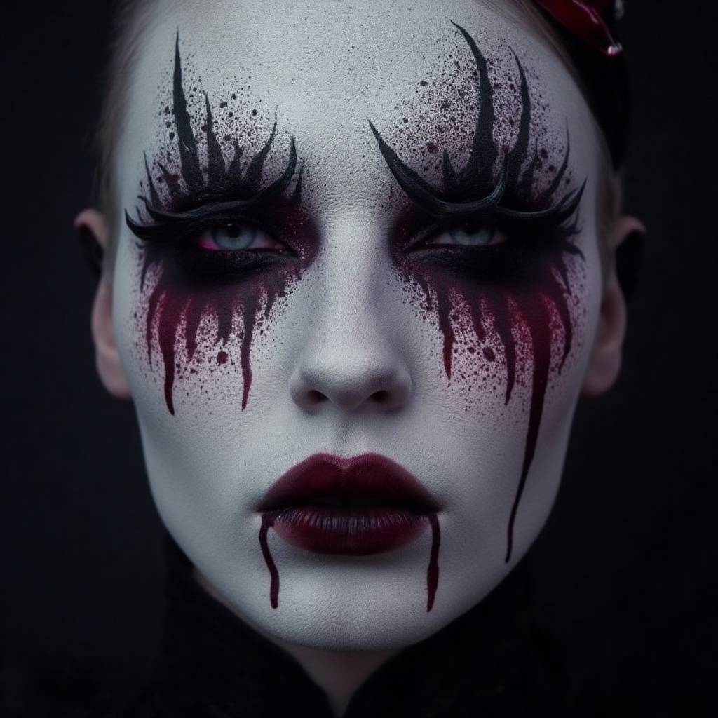 A woman with pale, almost ghostly white skin, her face intricately contoured with dark purple and black hues. Her eyes are accentuated with deep crimson eyeshadow and sharp, winged black eyeliner. Fake blood trickles from her dark red lips, and her cheekbones are hollowed to give her a sunken, menacing look. The overall effect is terrifying yet mesmerizing, evoking a powerful Gothic vampire queen emerging from the shadows.
