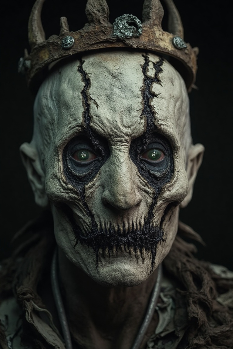 man with pale, decayed skin, sunken eyes glowing faintly in eerie green, deep cracks running through his face like ancient stone. His mouth is sewn shut with coarse black thread, but blood seeps through the gaps. Dark shadows emphasize his hollowed cheeks, and his brow is furrowed with deep wrinkles. Pieces of bone are visible through the skin on his temples, and he wears a crooked crown of rusted metal, giving him the look of a once-powerful king who has returned from the grave.
