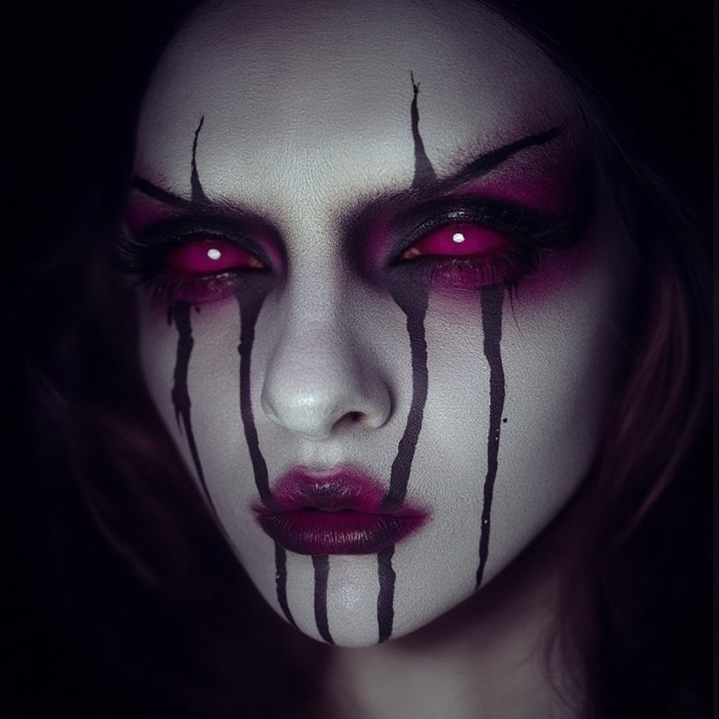 A woman with pale, almost ghostly white skin, her face intricately contoured with dark purple and black hues. Her eyes are accentuated with deep crimson eyeshadow and sharp, winged black eyeliner. Fake blood trickles from her dark red lips, and her cheekbones are hollowed to give her a sunken, menacing look. The overall effect is terrifying yet mesmerizing, evoking a powerful Gothic vampire queen emerging from the shadows.