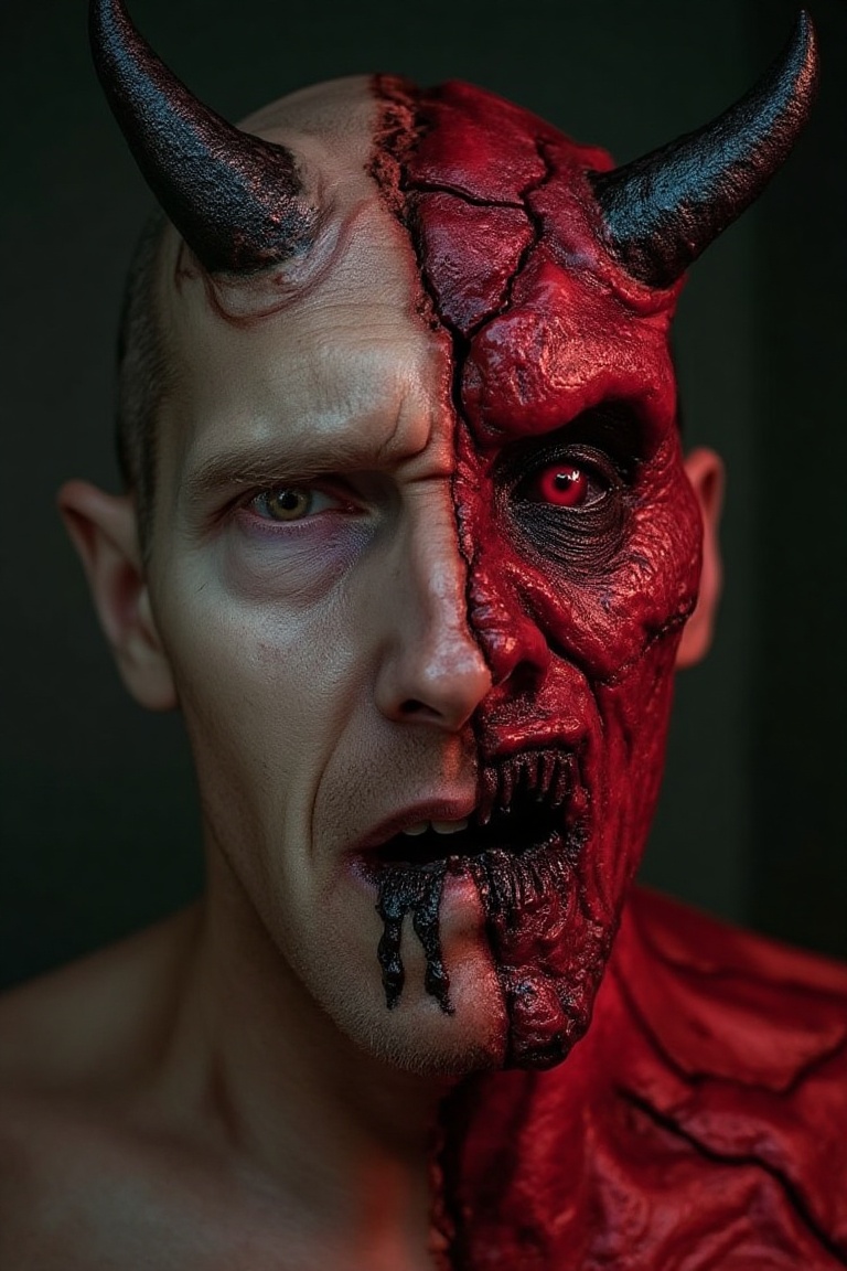 man’s face is half human, half demon. One side is his normal face, though pale and sweating, with fear in his eyes. The other side is a grotesque demonic transformation: the skin is red and cracked, with black horns breaking through his forehead. His eye glows red, and his mouth is twisted in a cruel, unnatural grin. His lips are smeared with dark blood, and veins bulge across his neck as though the demon inside him is trying to take full control.