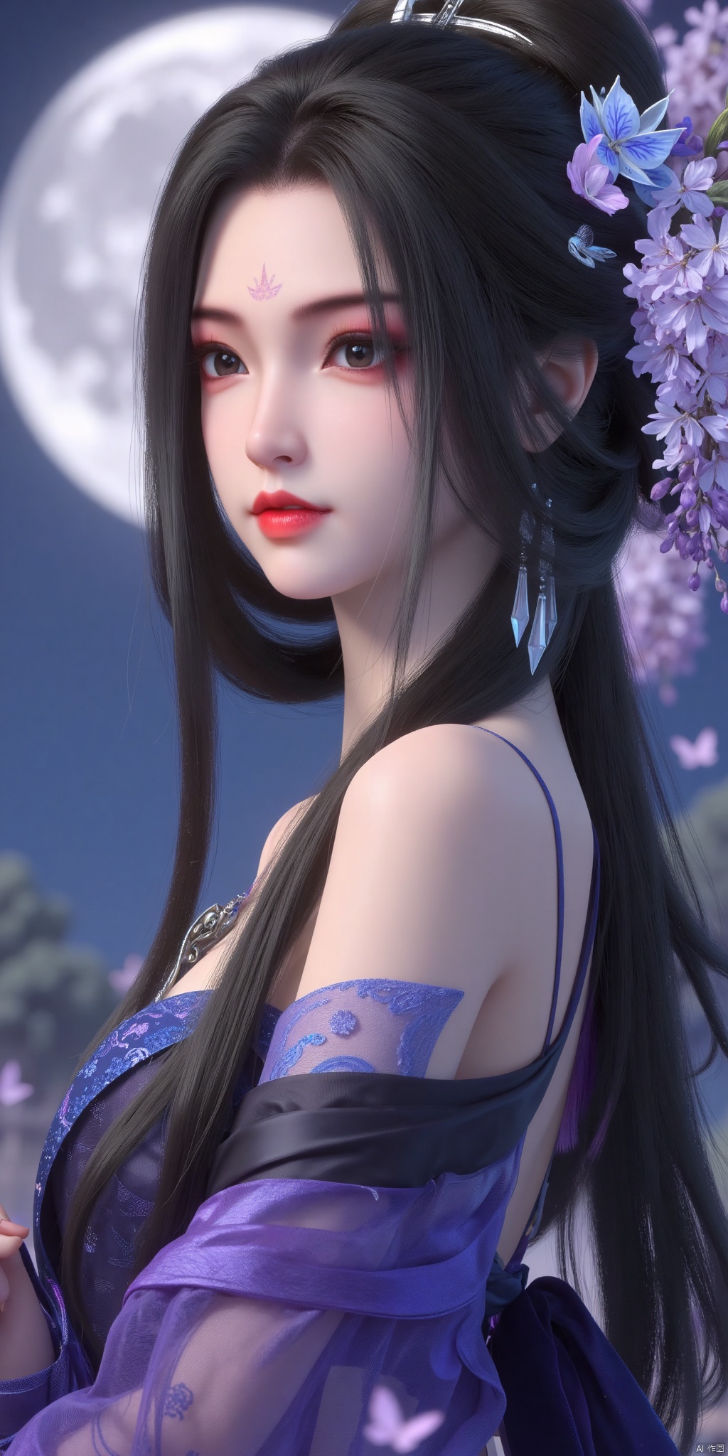 8K super high resolution, half body, solo, looking at the audience, a girl, beautiful, beautiful, black hair, long hair, hairpin, hair accessories, hairstyle, antique style, purple and black Hanfu gauze skirt, Hanfu gauze skirt, off-the-shoulder, wisteria flower, plump and enchanting figure, enchanting, smile, charming smile, tongue out, close one eye, cute, wisteria flower, butterfly, moonlight, moon, scenery.