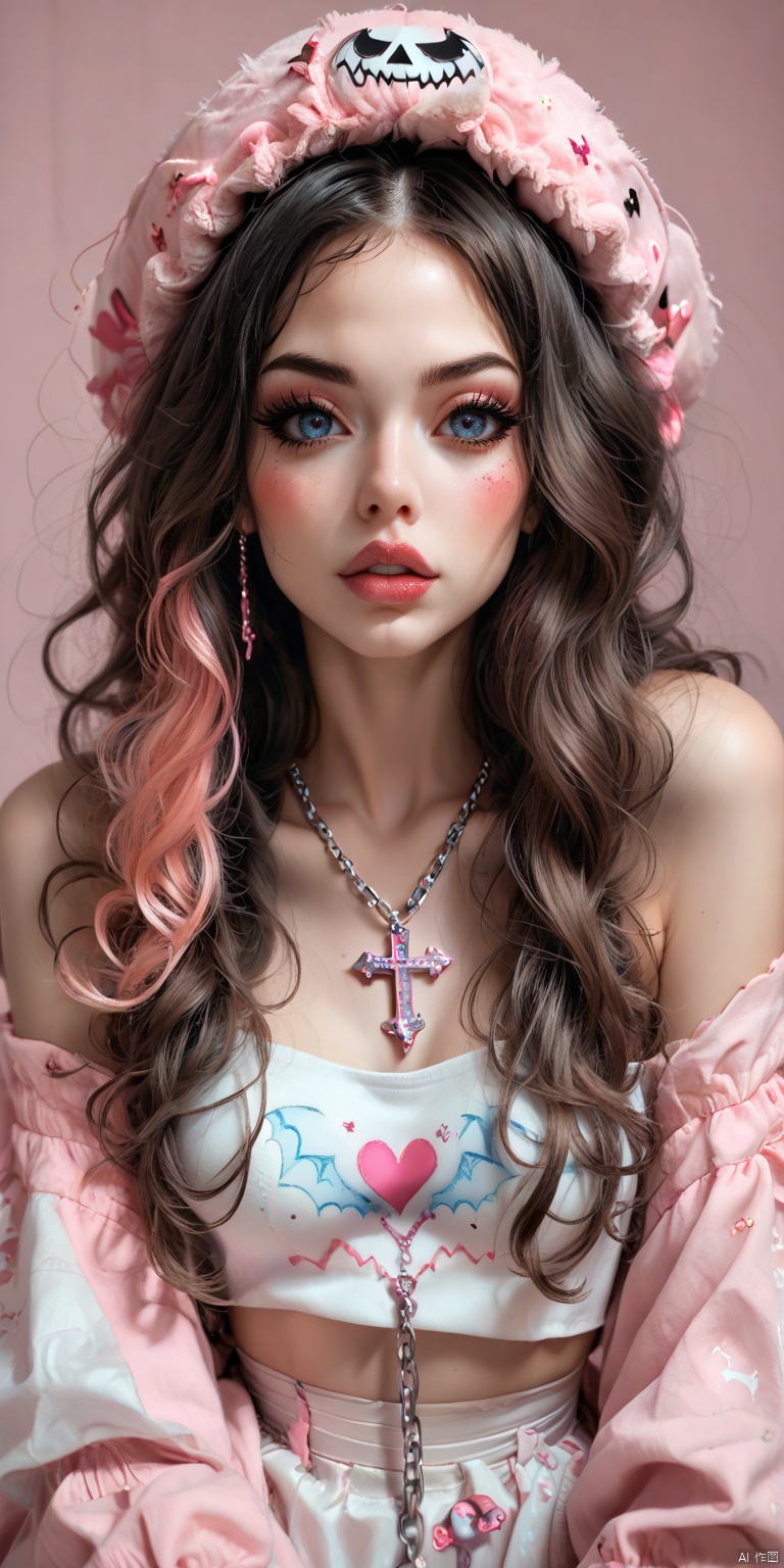 OBwans,Halloween makeup,Highly detailed face,
This is a high-resolution photograph of a young woman with an ethereal, doll-like appearance. Her skin is fair and smooth, and she has long, wavy brown hair cascading down her shoulders. She wears a fluffy white fur hat that adds a touch of whimsy to her look. Her makeup is elaborate and striking: she has bold, winged eyeliner that accentuates her large, expressive blue eyes, and her cheeks are painted with a soft pink blush that contrasts with her pale skin. Her lips are full and painted a deep red, enhancing her doll-like features. She also has a bandage on her nose, adding a touch of injury or medical theme to her look. On her cheeks, there are small pink heart stickers and a larger pink bandage sticker with a cross pattern, adding to the playful, almost cartoonish aesthetic. She wears a delicate, silver chain necklace that adds a touch of elegance to her otherwise youthful and whimsical look. The background is neutral, allowing the focus to remain entirely on her face and makeup. The image is vibrant and colorful, with a high level of detail that emphasizes the intricate makeup and the doll-like quality of her appearance.,score_9 score_8_up score_7_up