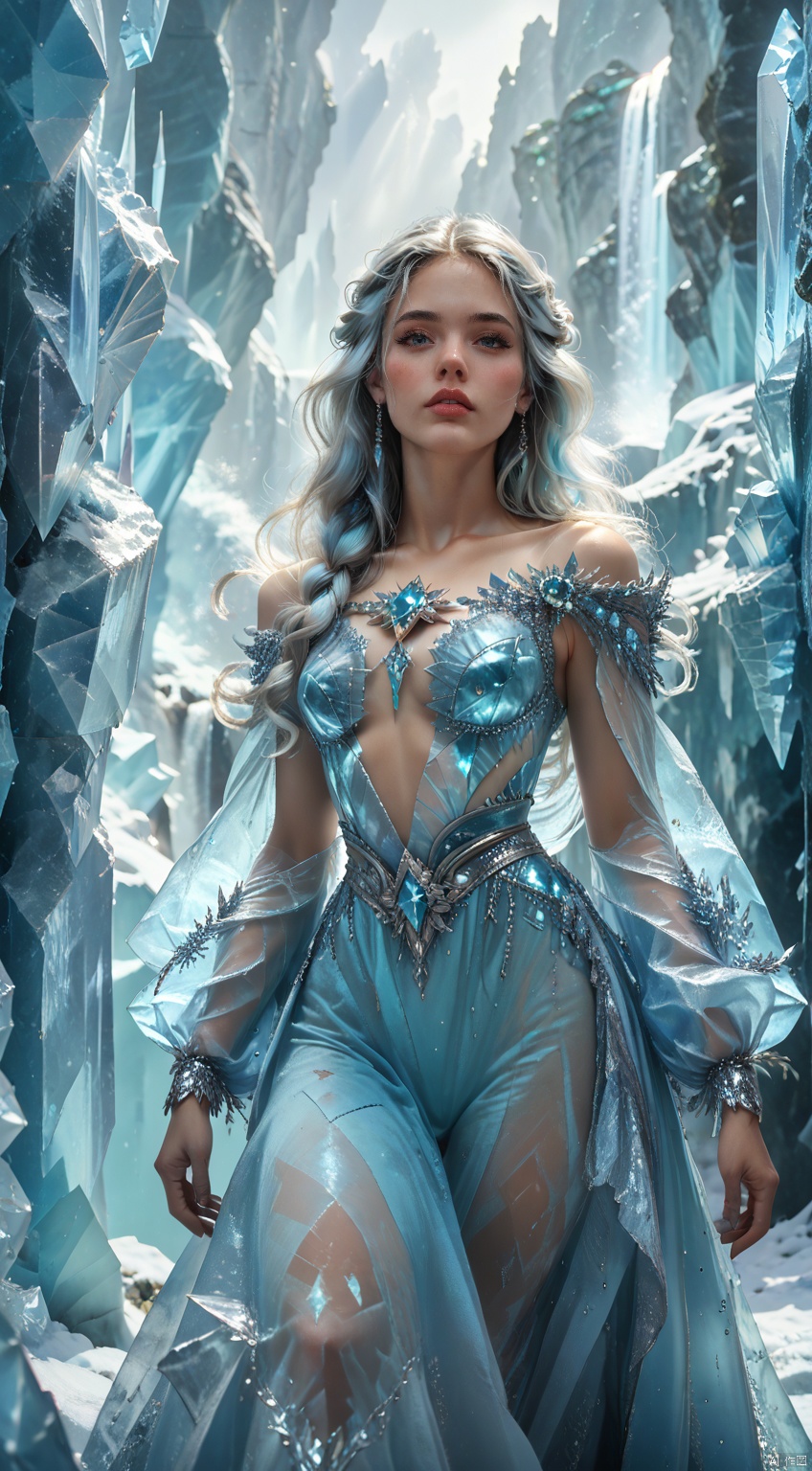 bjnh,A fantasy-inspired portrait of a woman in an ethereal, ice crystal dress set against a backdrop that resembles frozen waterfalls.,score_9 score_8_up score_7_up
