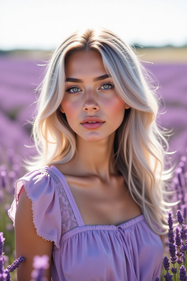 A close-up shot of a beautiful woman with long, flowing silver hair and soft violet eyes. She is standing in a vast field of lavender, with the purple flowers stretching into the distance. Her hair is styled loosely, with a few strands gently framing her face. She is wearing a light purple dress with delicate lace details. Her lips are a soft, natural pink, and her skin glows softly in the warm, golden sunlight. The background is blurred, focusing on her serene expression, while the lavender blooms in the foreground add vibrant pops of purple. The sky above is clear and bright, casting a peaceful atmosphere over the scene.