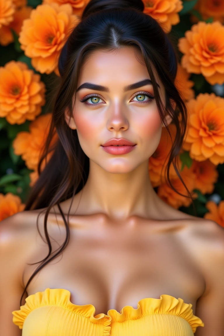 A close-up shot of a woman with long dark brown hair and green eyes. She is standing in front of a backdrop of bright orange flowers. The woman's hair is pulled back in a bun. She's wearing a yellow strapless dress with a ruffled neckline. Her lips are a vibrant pink color. Her eyes are a piercing blue and her eyebrows are a darker shade of brown. The background is blurred, but it's a sunny day.