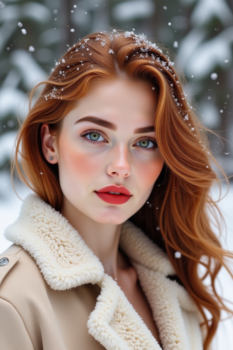 A close-up shot of a beautiful woman with rich auburn hair and piercing green eyes, standing in a winter landscape of freshly fallen snow. Her hair is loose and wavy, contrasting beautifully with the snowy white background. She is wearing a cream-colored, fur-trimmed coat that highlights the softness of her skin and her vibrant red lips. Her cheeks are slightly flushed from the cold, and the snowflakes gently falling around her add a magical touch. The background is blurred with hints of snow-covered trees, creating a peaceful, wintery atmosphere.