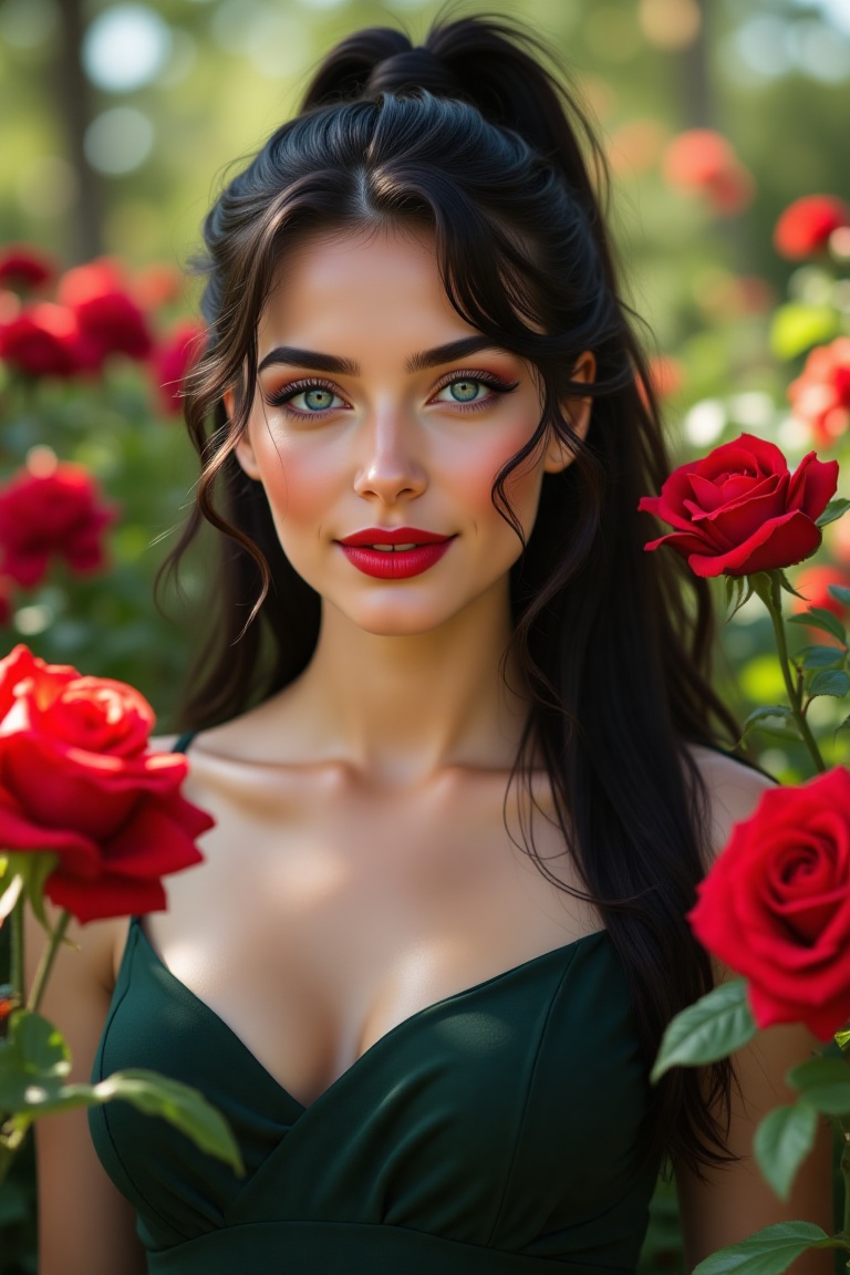 A close-up shot of a stunning woman with long, jet-black hair and bright blue eyes, standing in the middle of a lush garden filled with blooming red roses. Her hair is tied up in a sleek, high ponytail, and her lips are painted a bold red, matching the vibrant flowers surrounding her. She is wearing a dark green dress that complements the natural beauty of the scene. The roses in the background are blurred, while a few petals float gently in the breeze. The sunlight filters softly through the leaves, casting a gentle glow on her face, creating a serene, romantic mood.
