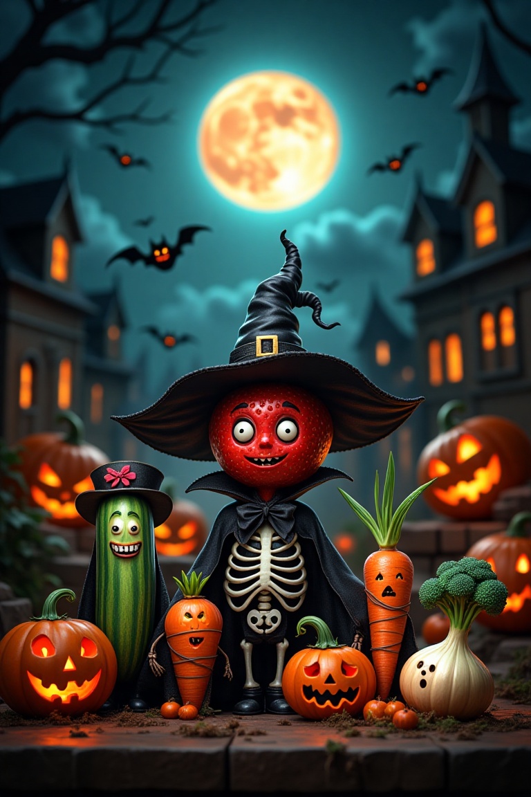 Create a fun and festive Halloween scene featuring a strawberry, cucumber, tomato, pumpkin, carrot, onion, and broccoli, all dressed in Halloween costumes. The strawberry is a witch, the cucumber is a skeleton, the tomato is a vampire, the pumpkin is a pirate, the carrot is a mummy, the onion is a ghost, and the broccoli is a zombie. The background is a spooky Halloween setting with glowing jack-o-lanterns, cobwebs, bats flying around, and a full moon lighting up the scene. The atmosphere is playful and lighthearted, perfect for Halloween,
