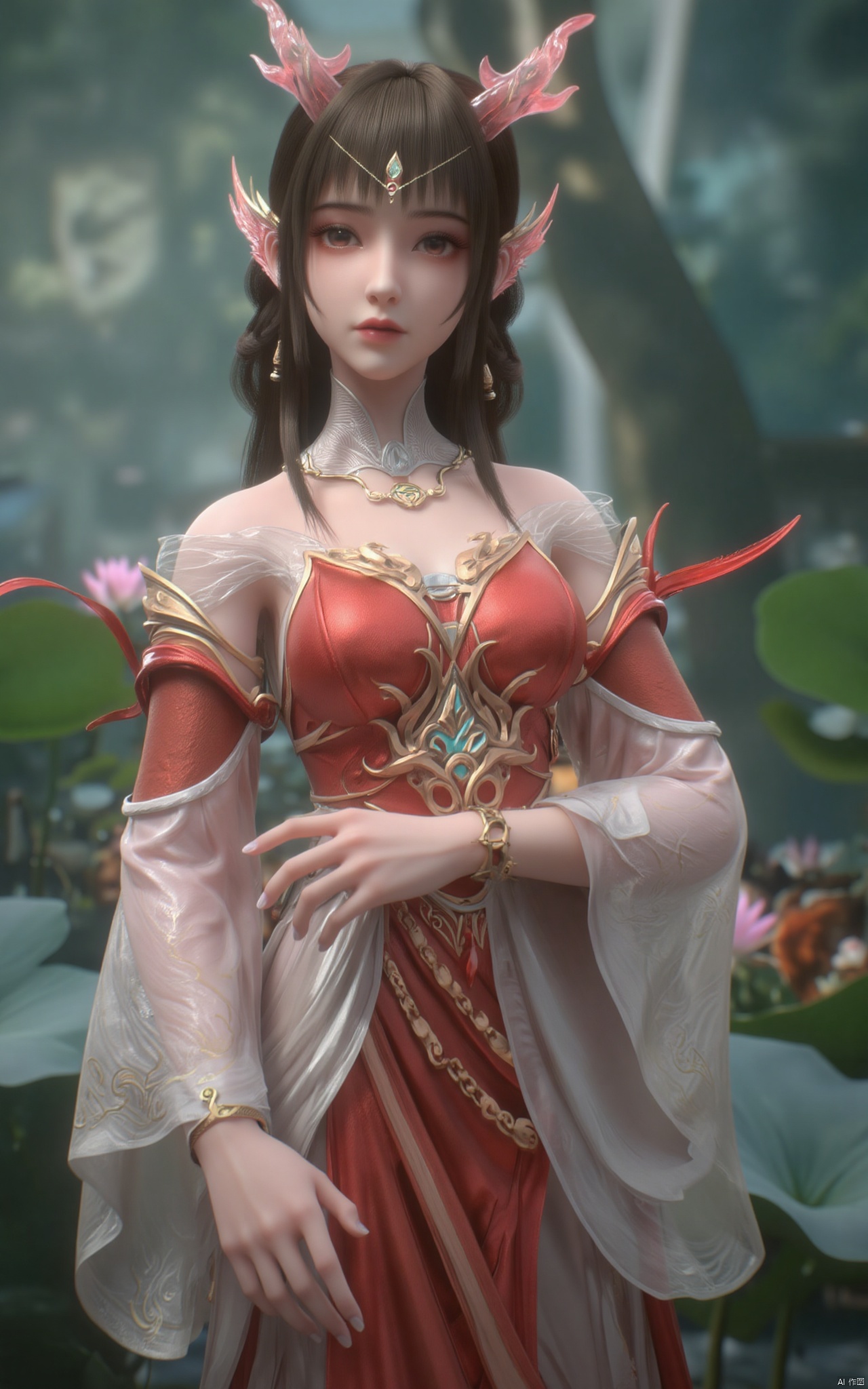 masterpiece,(best quality),official art, (1girl), (solo), ((looking_at_viewer)),(huge breasts:2.39),(full breasts:1.99),Xzhaoliner,(Lotus pond, lotus:1.52),Xruoshui,Xlongnv,Xbaiyijun,XyunluoH,XyunluoX,Xyiwenjun