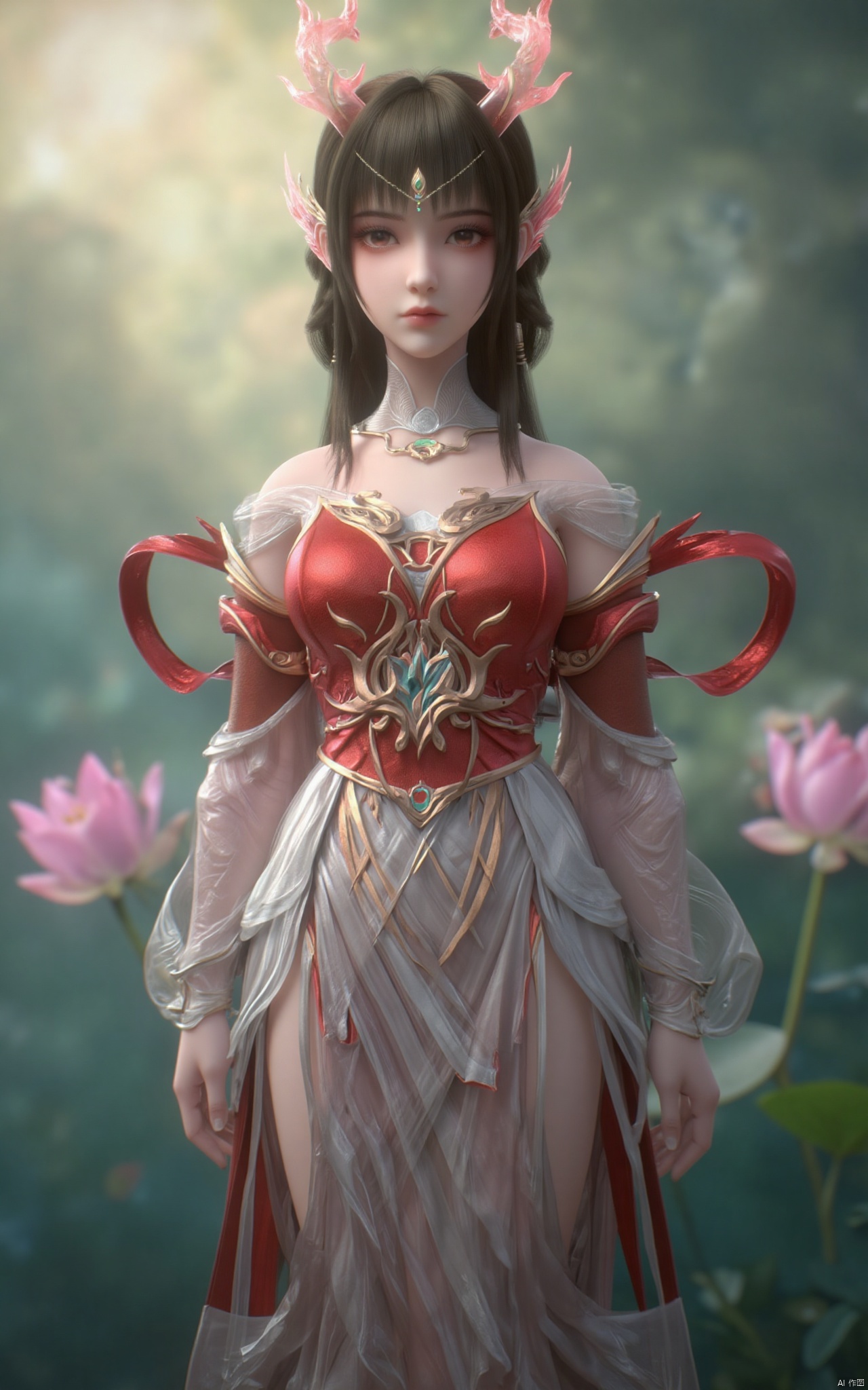 masterpiece,(best quality),official art, (1girl), (solo), ((looking_at_viewer)),(huge breasts:2.39),(full breasts:1.99),Xzhaoliner,(Lotus pond, lotus:1.52),Xruoshui,Xlongnv,Xbaiyijun,XyunluoH,XyunluoX,Xyiwenjun