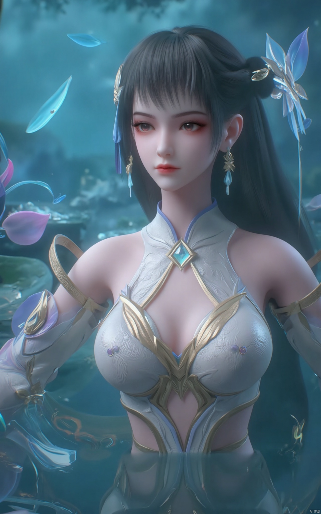 masterpiece,(best quality),official art, (1girl), (solo), ((looking_at_viewer)),(huge breasts:2.39),(full breasts:1.99),Xzhaoliner,(Lotus pond, lotus:1.52),Xruoshui,Xlongnv,Xbaiyijun,XyunluoH,XyunluoX,Xyiwenjun