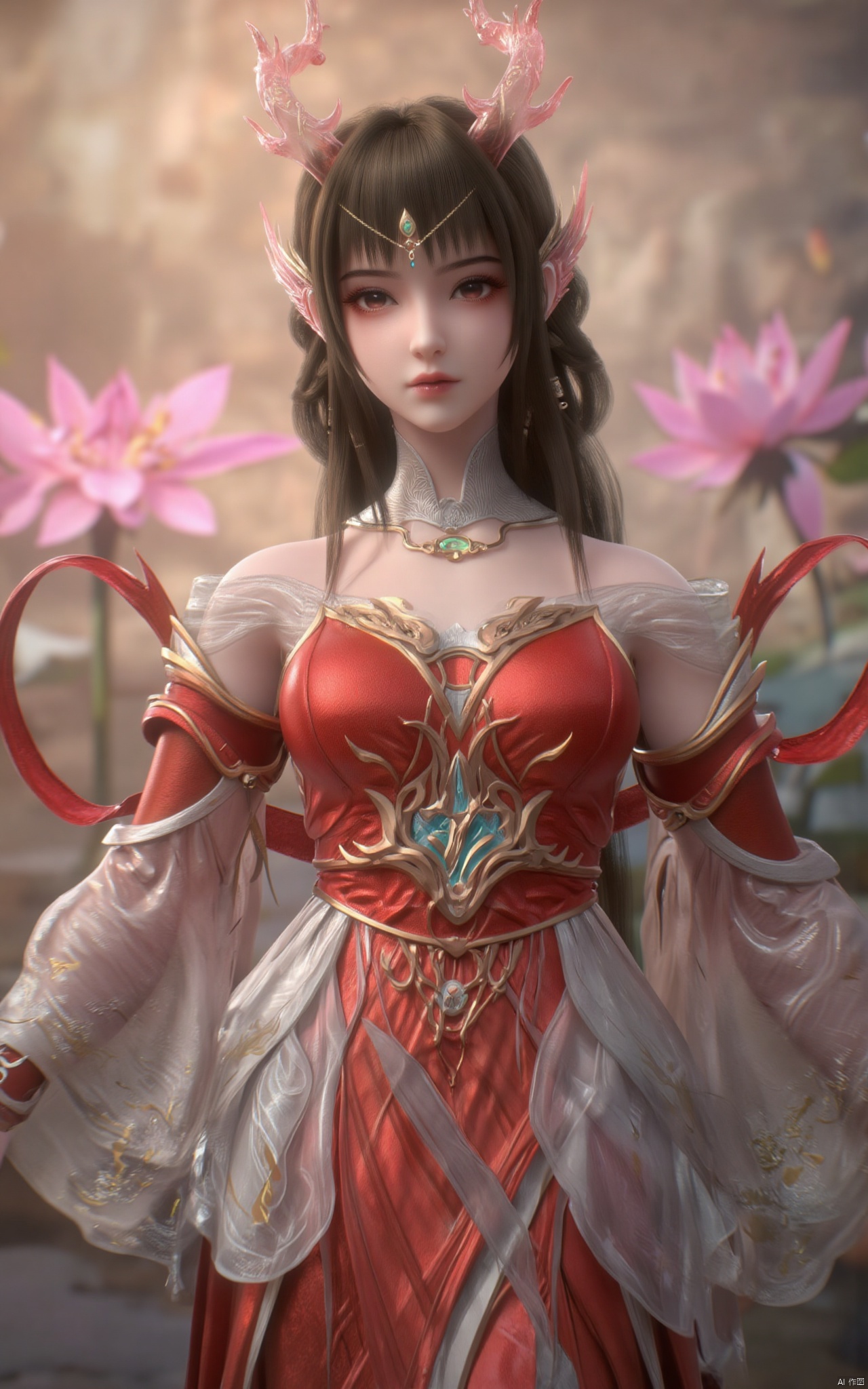 masterpiece,(best quality),official art, (1girl), (solo), ((looking_at_viewer)),(huge breasts:2.39),(full breasts:1.99),Xzhaoliner,(Lotus pond, lotus:1.52),Xruoshui,Xlongnv,Xbaiyijun,XyunluoH,XyunluoX,Xyiwenjun