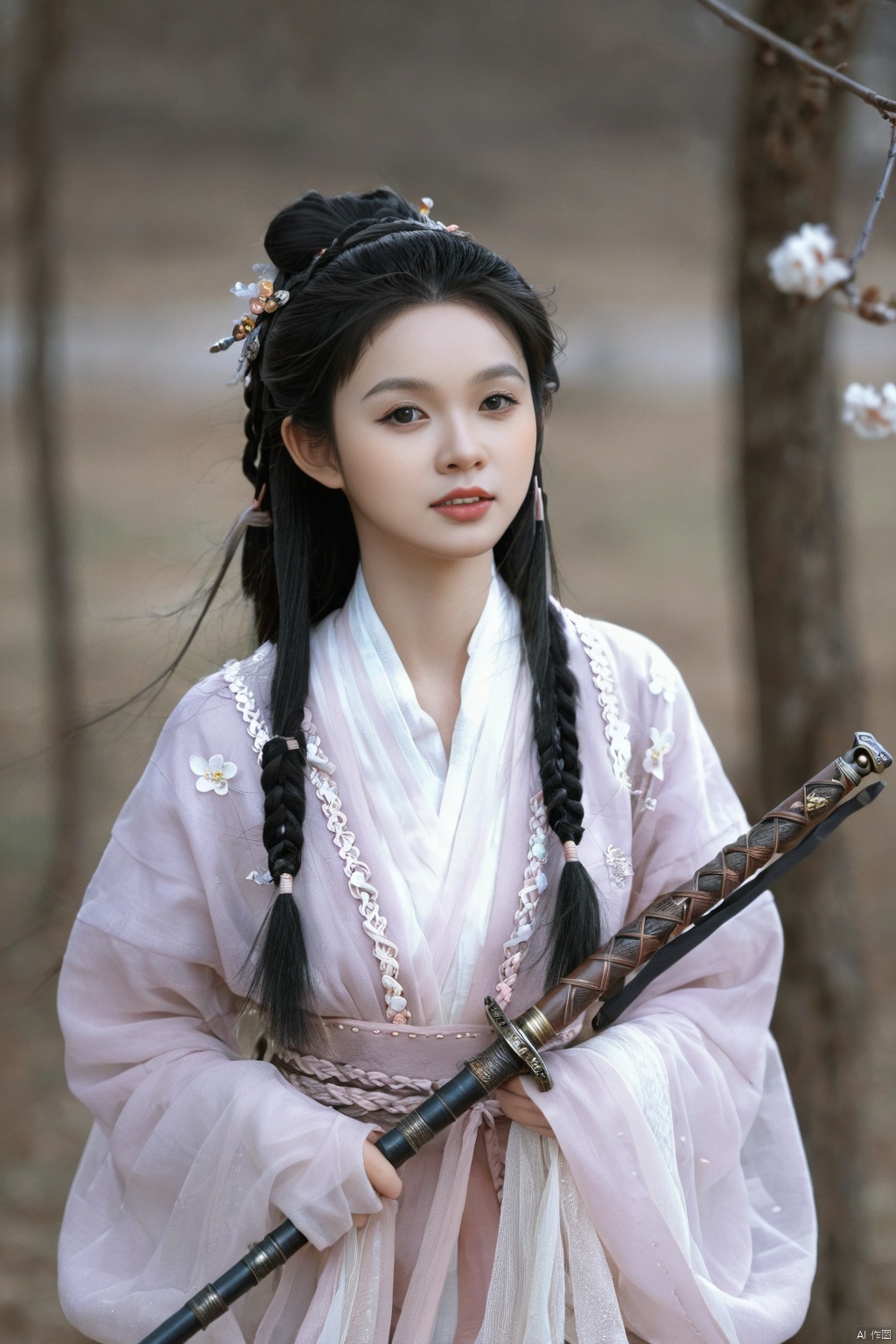 (1girl:1.3), (best quality, masterpiece, ultra high resolution),(photorealistic:1.3), (realistic:1.3), depth of field,(full body:1.2), (day:1.2), (cinematic lighting:1.2),1girl, long_hair, black_hair, long_sleeves, weapon, braid, parted_lips, sword, black_eyes, chinese_clothes, sheath, realistic, branch, hanfu
,hanfu