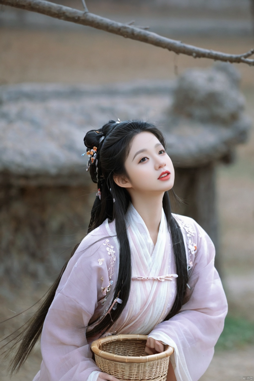 (1girl:1.3), (best quality, masterpiece, ultra high resolution),(photorealistic:1.3), (realistic:1.3), depth of field,(full body:1.2), (day:1.2), (cinematic lighting:1.2), ,,1girl, long_hair, black_hair, long_sleeves, outdoors, parted_lips, blurry, blurry_background, chinese_clothes, looking_up, basket, red_lips
,hanfu