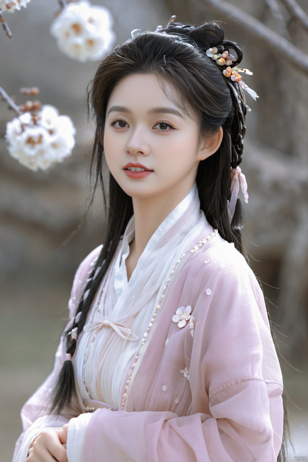 (1girl:1.3), (best quality, masterpiece, ultra high resolution),(photorealistic:1.3), (realistic:1.3), depth of field,(full body:1.2), (day:1.2), (cinematic lighting:1.2),,hanfu