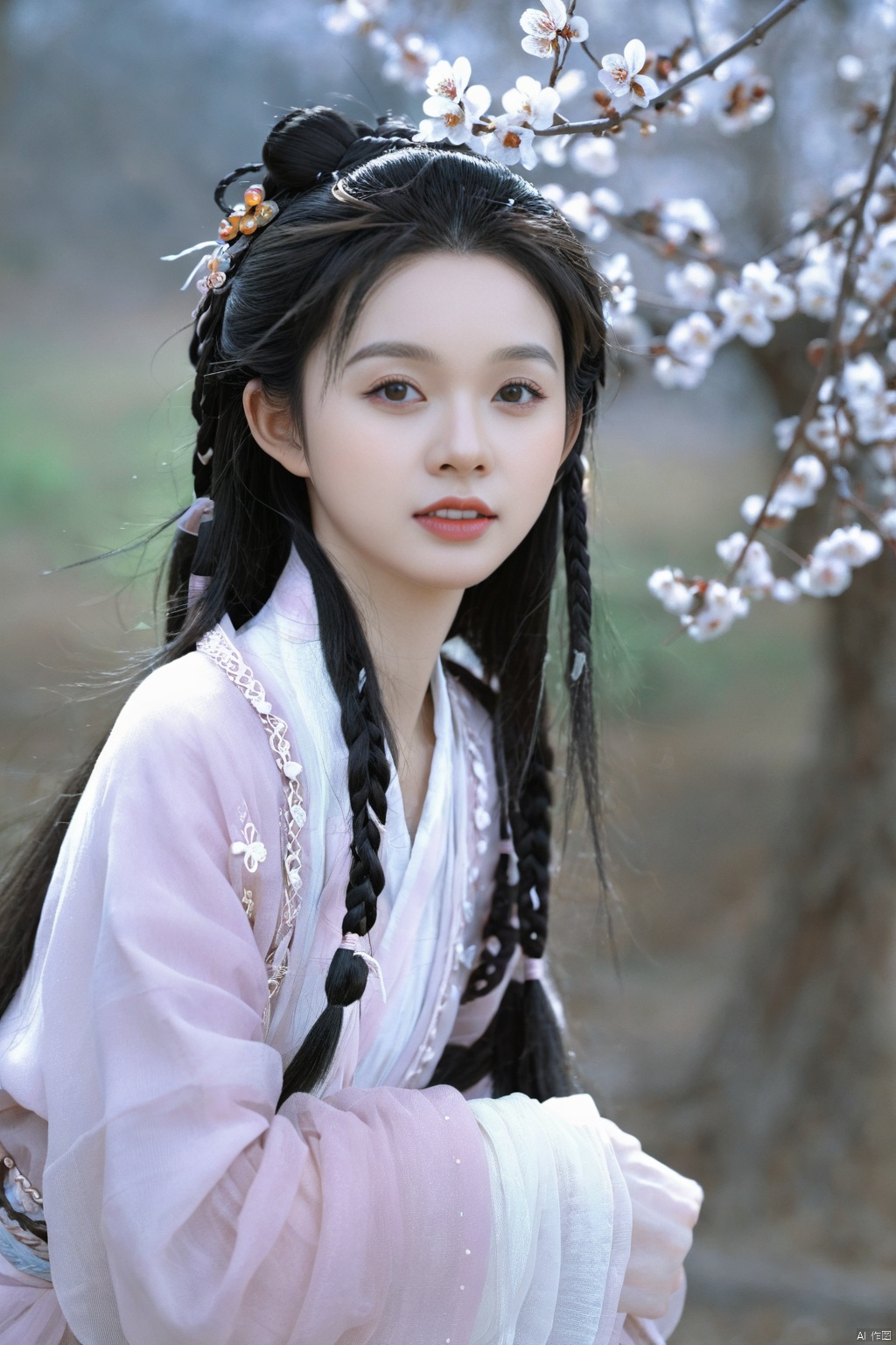 (1girl:1.3), (best quality, masterpiece, ultra high resolution),(photorealistic:1.3), (realistic:1.3), depth of field,(full body:1.2), (day:1.2), (cinematic lighting:1.2),1girl, long_hair, blue_eyes, black_hair, long_sleeves, upper_body, braid, parted_lips, blurry, chinese_clothes, realistic, branch, hanfu
,hanfu