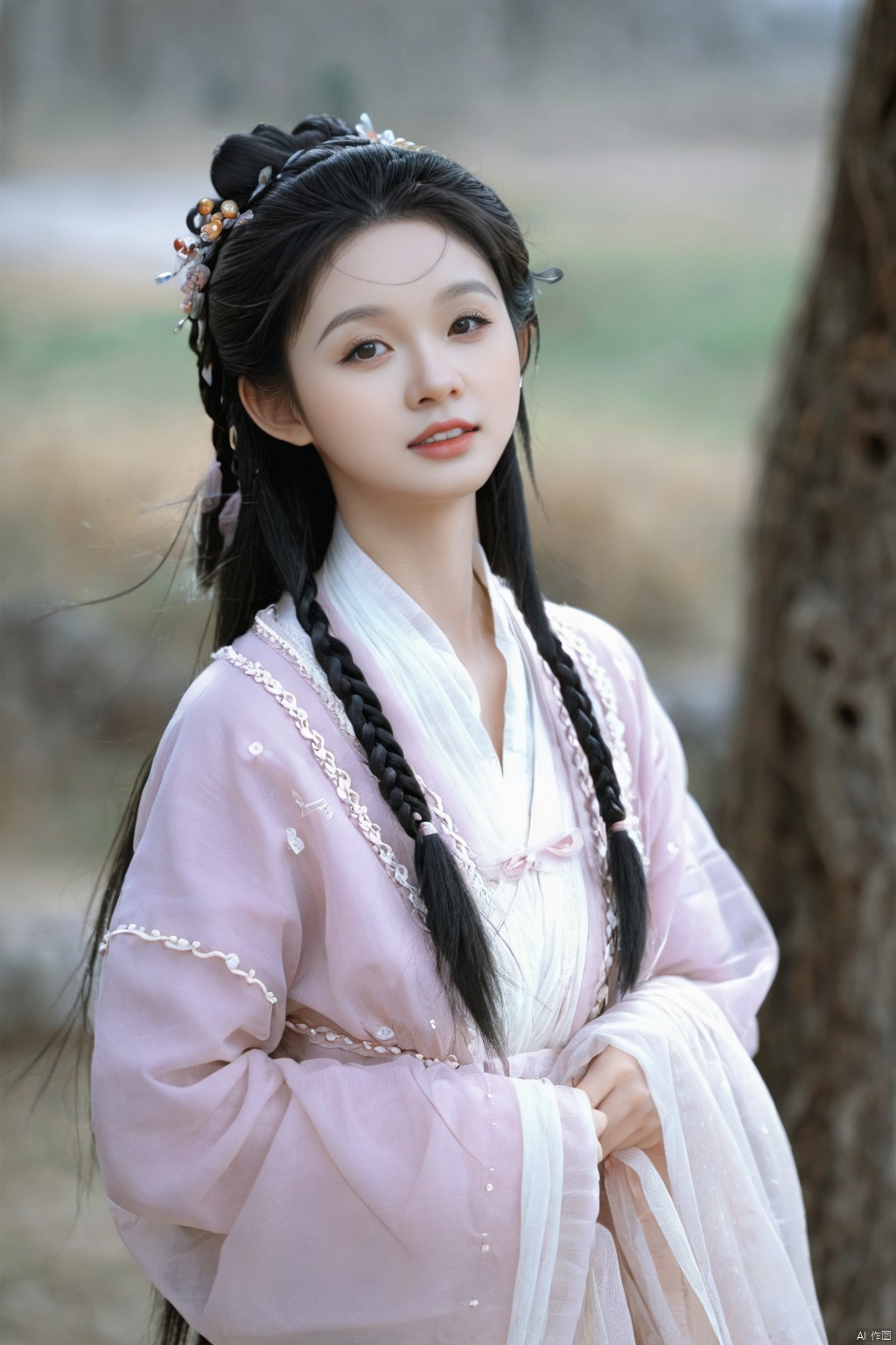 (1girl:1.3), (best quality, masterpiece, ultra high resolution),(photorealistic:1.3), (realistic:1.3), depth of field,(full body:1.2), (day:1.2), (cinematic lighting:1.2),1girl, long_hair, black_hair, long_sleeves, braid, outdoors, blurry, blurry_background, chinese_clothes, realistic
,hanfu