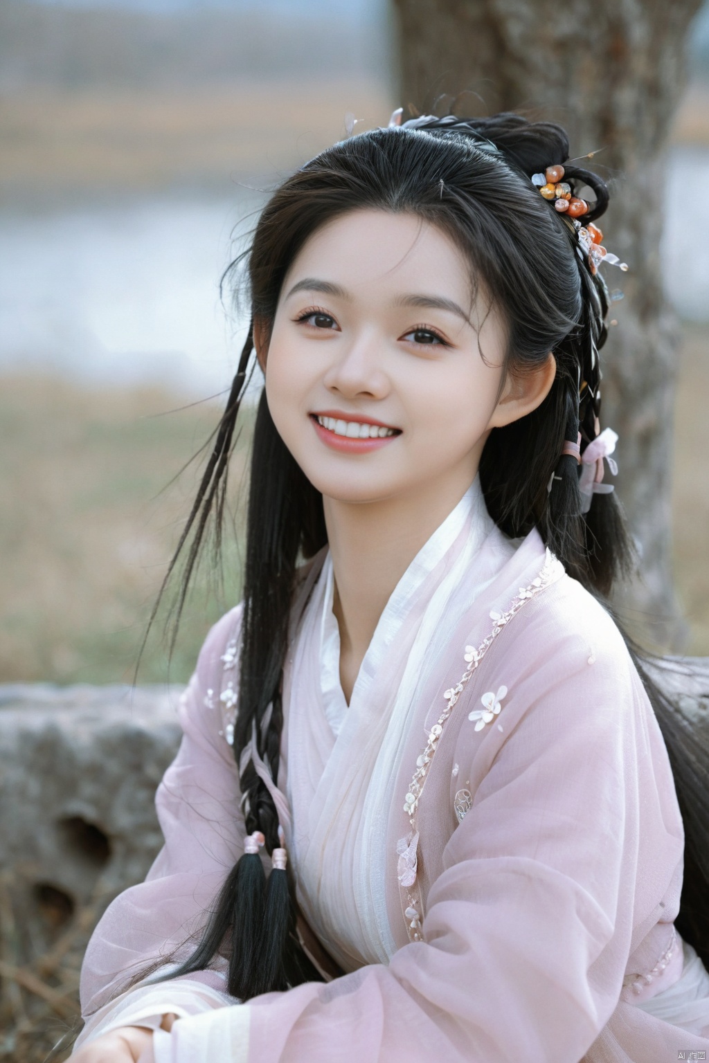 (1girl:1.3), (best quality, masterpiece, ultra high resolution),(photorealistic:1.3), (realistic:1.3), depth of field,(full body:1.2), (day:1.2), (cinematic lighting:1.2),1girl, long_hair, smile, black_hair, long_sleeves, sitting, teeth, hand_up, grin, blurry, black_eyes, blurry_background, realistic
,hanfu