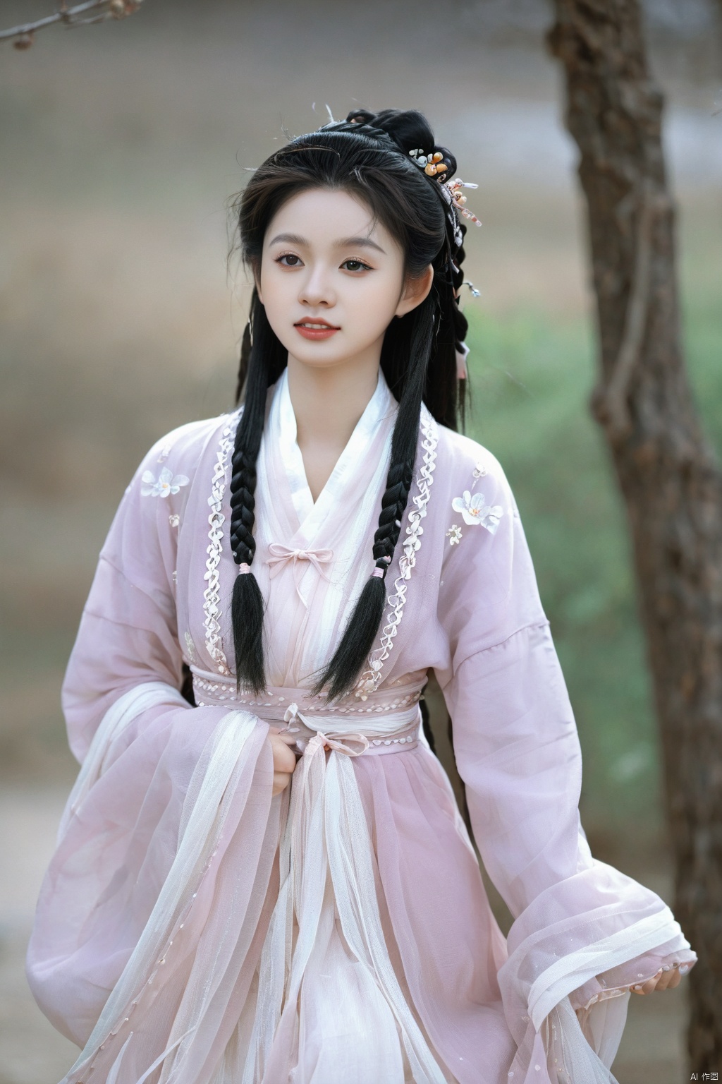 (1girl:1.3), (best quality, masterpiece, ultra high resolution),(photorealistic:1.3), (realistic:1.3), depth of field,(full body:1.2), (day:1.2), (cinematic lighting:1.2),1girl, long_hair, black_hair, ribbon, hair_ribbon, upper_body, braid, parted_lips, blurry, black_eyes, twin_braids, chinese_clothes, realistic, hanfu
,hanfu