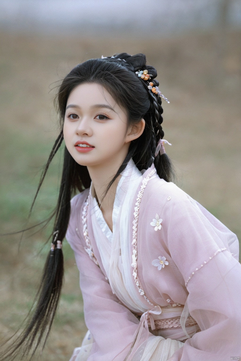 (1girl:1.3), (best quality, masterpiece, ultra high resolution),(photorealistic:1.3), (realistic:1.3), depth of field,(full body:1.2), (day:1.2), (cinematic lighting:1.2),1girl, long_hair, black_hair, long_sleeves, upper_body, braid, parted_lips, teeth, hand_up, blurry, black_eyes, blurry_background, chinese_clothes, realistic, hanfu
,hanfu