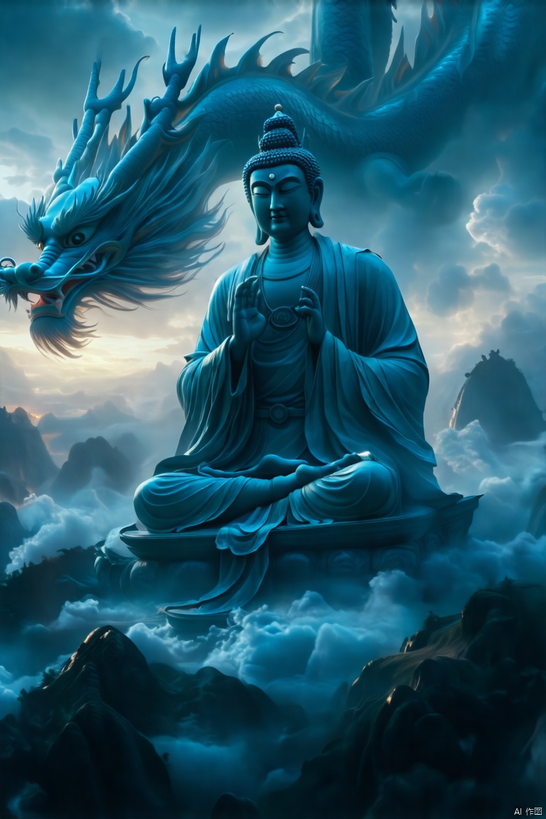 A serene Buddha sits majestically on a cloudy day, his white robe glistening against the misty backdrop. His piercing blue eyes gaze directly at the viewer, while his hands are clasped in contemplation. As he turns his head to the right, the tip of his crown slightly catches the soft light. His mouth opens wide, revealing a radiant blue-green dragon, its long tentacles swirling around its head like wisps of smoke. The deep blue sky above is dotted with wispy clouds and a few trees, framing the Buddha's majestic pose in balance.,fairy,YT Chinese style old movie style

