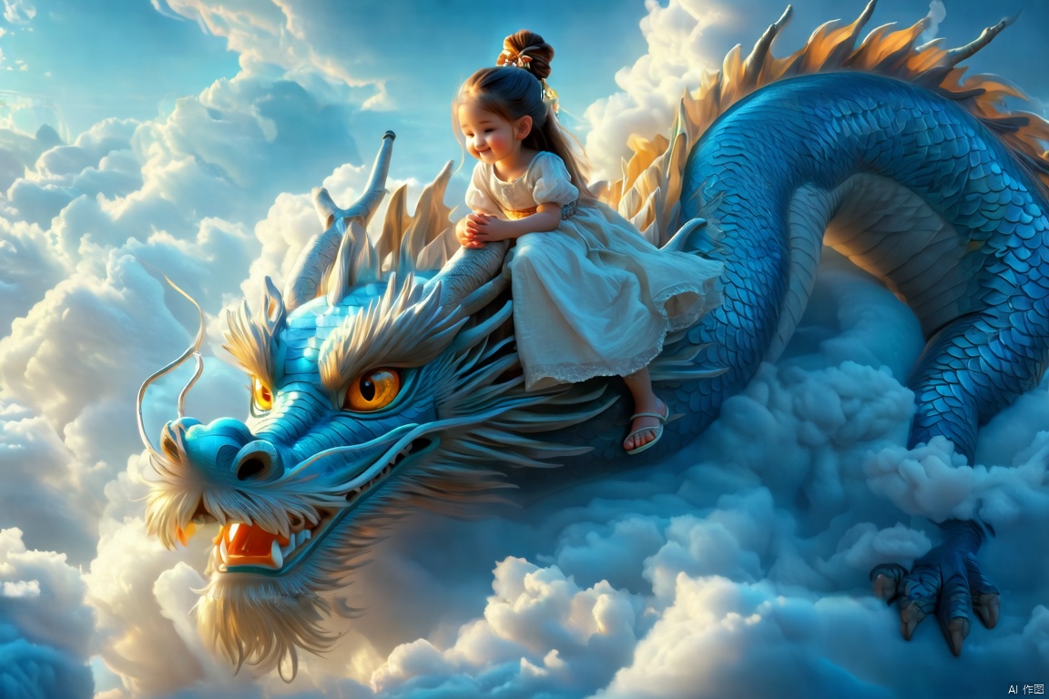 A whimsical scene unfolds: A small child, dressed in a pristine white dress and sporting brown hair tied in a ponytail, sits comfortably on the back of a majestic dragon. The dragon's scales shimmer in soothing shades of blue, accentuated by vibrant orange and white feathers. The child's hands are clasped together in front of her, exuding innocence. The dragon's head, adorned with a bright yellow eye, takes center stage, as wispy clouds drift lazily across the pale blue sky dotted with cotton candy-like puffs.,loong