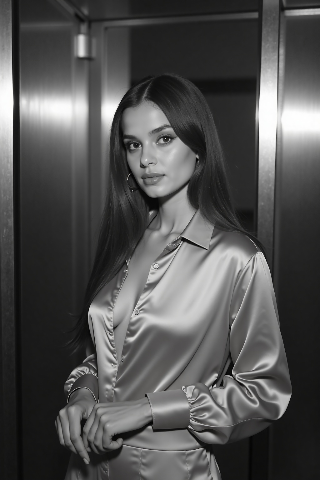 A black and white photo of a young woman with long,  straight hair,  standing in a dimly lit room with mirrored doors behi...