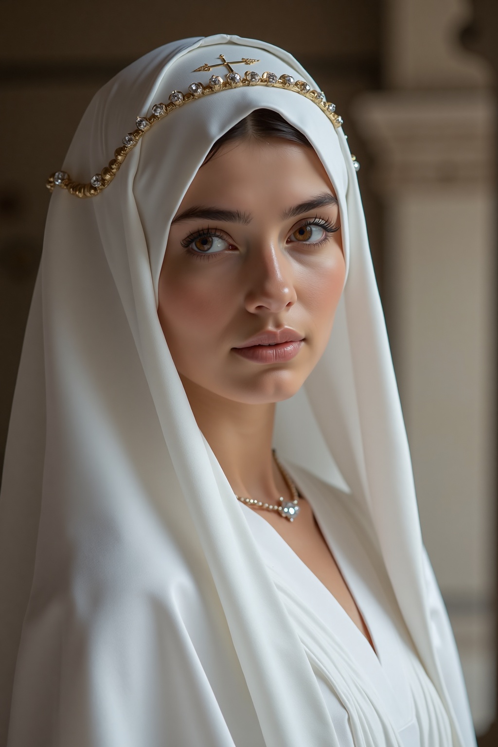 A Byzantine style girl in monastery,  white head-cloths and veils. , on Tensor.Art