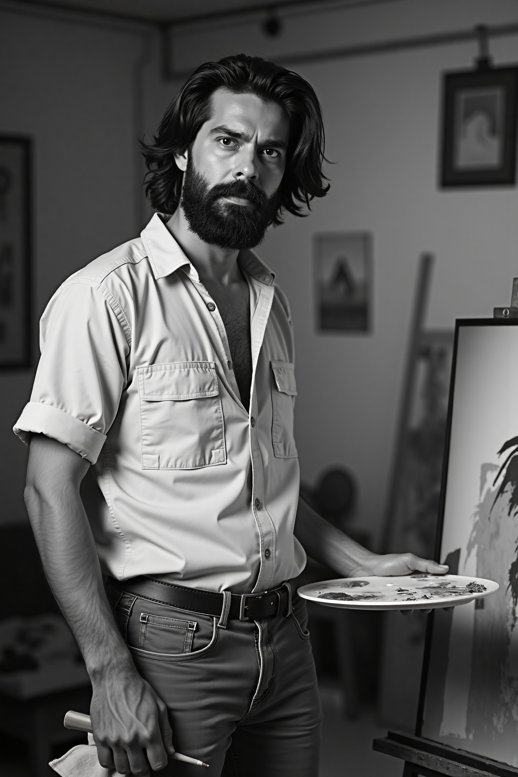 A photo of a man with a scruffy beard and tousled,  medium-length hair,  wearing a simple on Tensor.Art