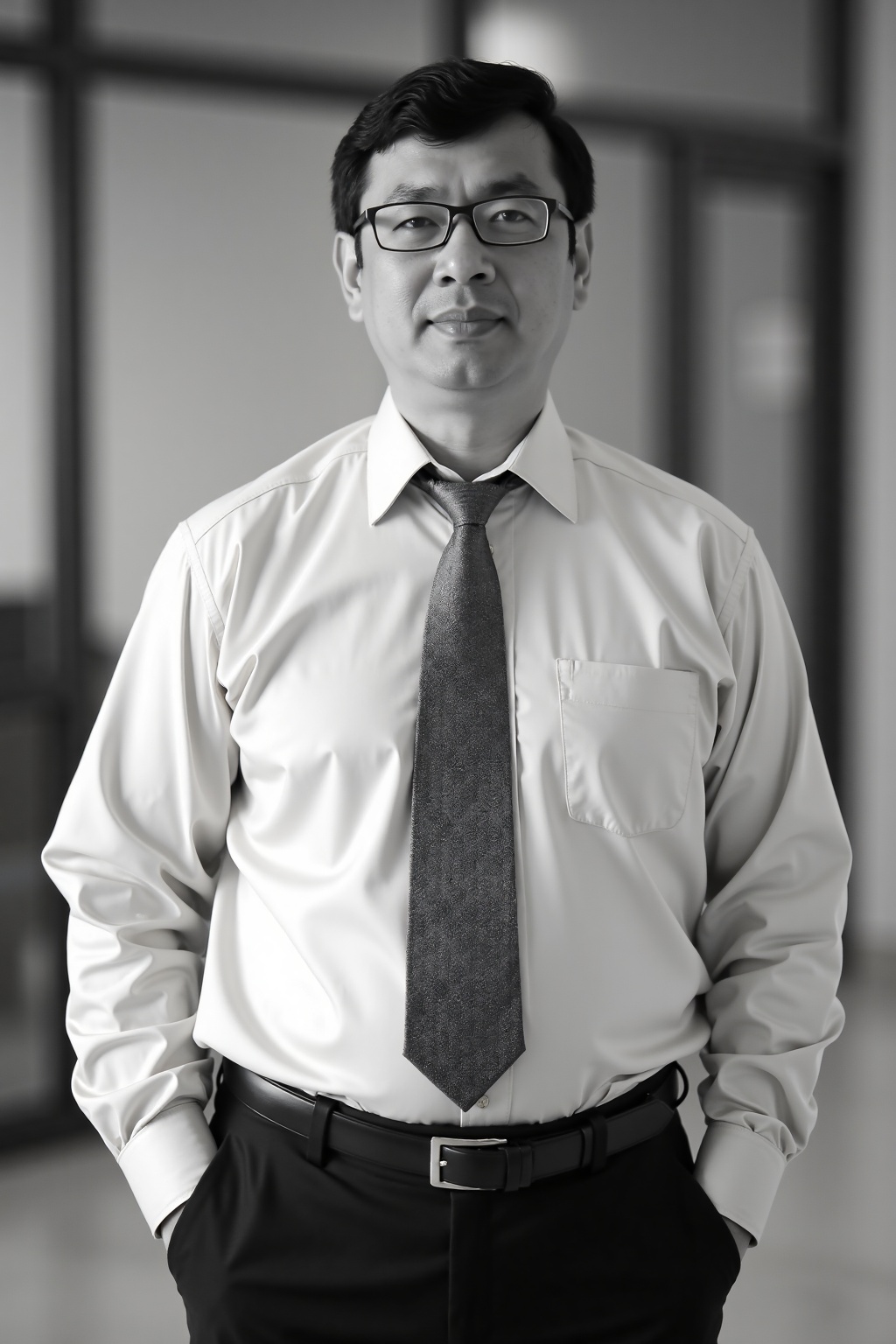 Black and white photo of a middle-aged man with short dark hair and glasses,  standing confidently with his hands in his p...