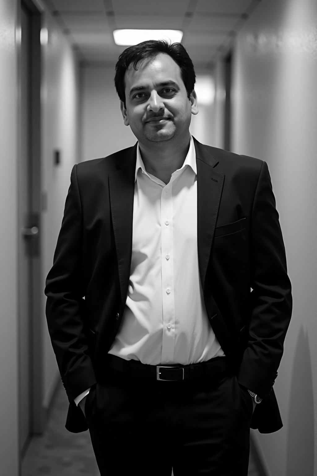 Black and white photograph of a man standing in a hallway,  wearing a dark suit and a white dress shirt,  looking directly...