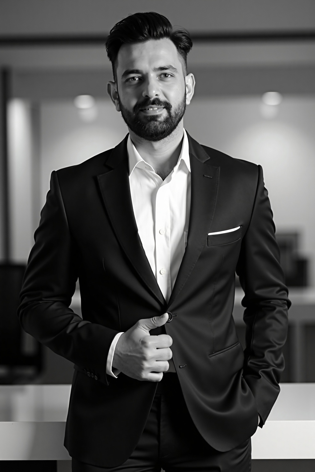 A photo of a man with a neatly trimmed beard and short,  slicked-back hair,  wearing a dark suit and a white dress shirt w...