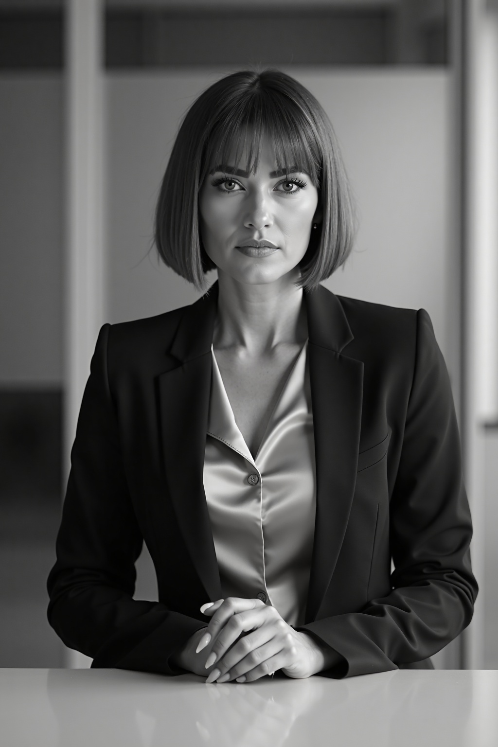 A photo of a woman with a bob cut and a sharp,  determined expression,  wearing a tailored blazer and a silk blouse. She i...