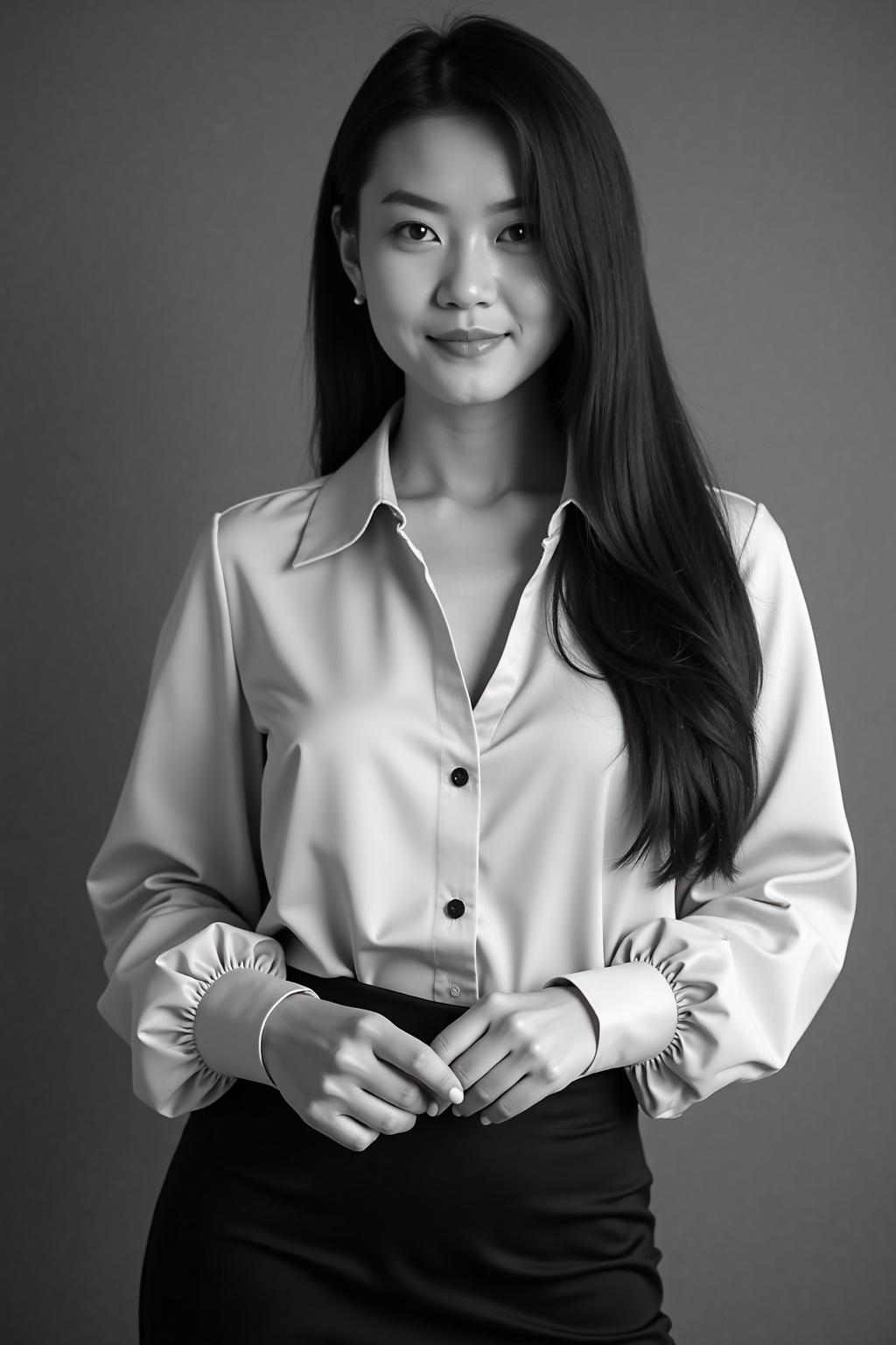 A photo of a woman with long,  straight hair and a serene expression,  wearing a high-necked on Tensor.Art