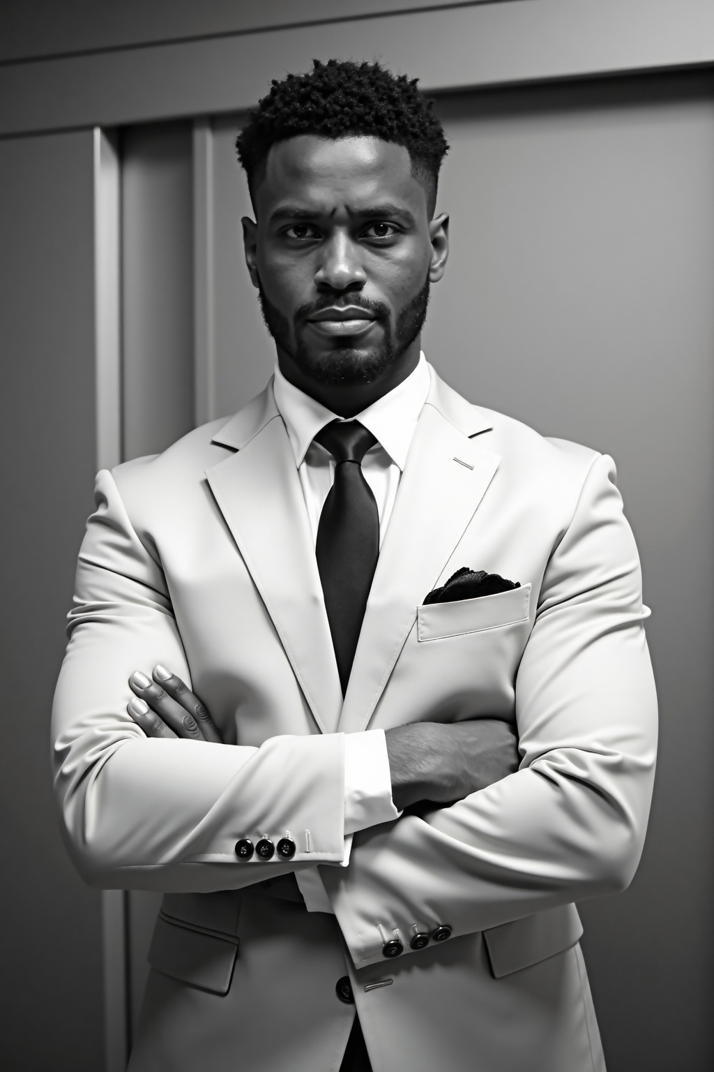 Photo of a man with short,  curly hair and a serious expression,  wearing a light-colored suit and tie on Tensor.Art