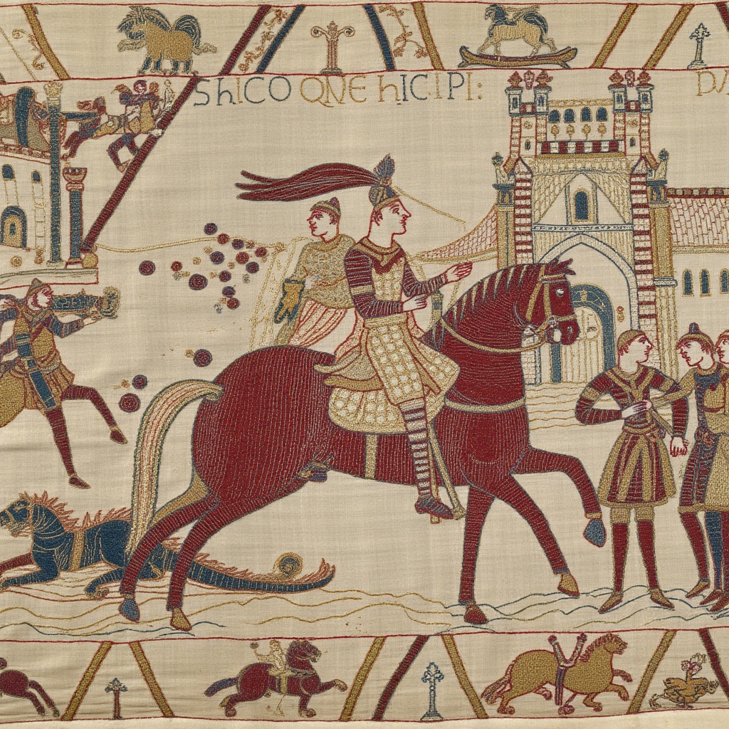 A knightly horseman carries the princess on his horse,  leaving the ruined medieval castle behind after slaying dragon dea...