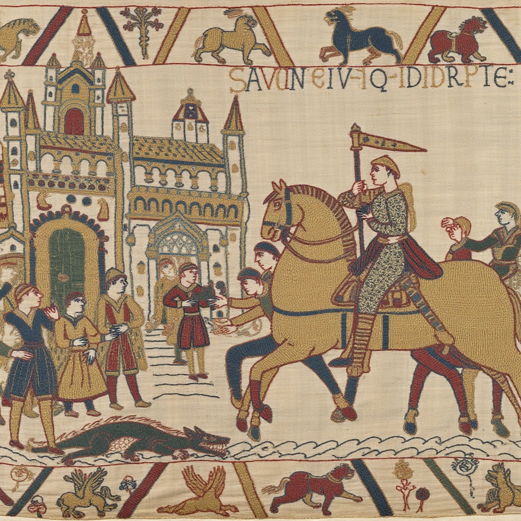 A knightly horseman carries the princess on his horse,  leaving the ruined medieval castle behind after slaying dragon dea...