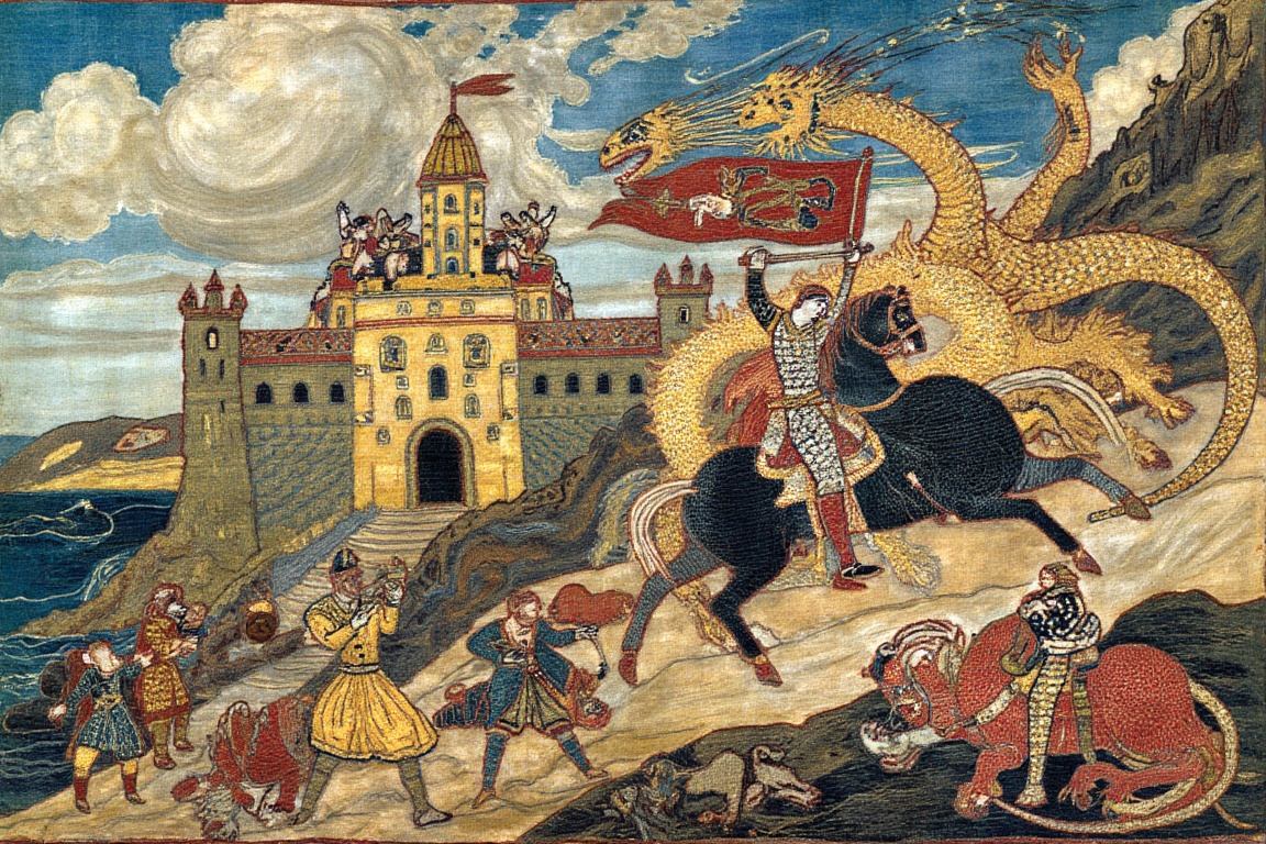 A knightly horseman rides towards a medieval castle,  its stone walls topped with a fierce dragon,  scales glinting in sun...