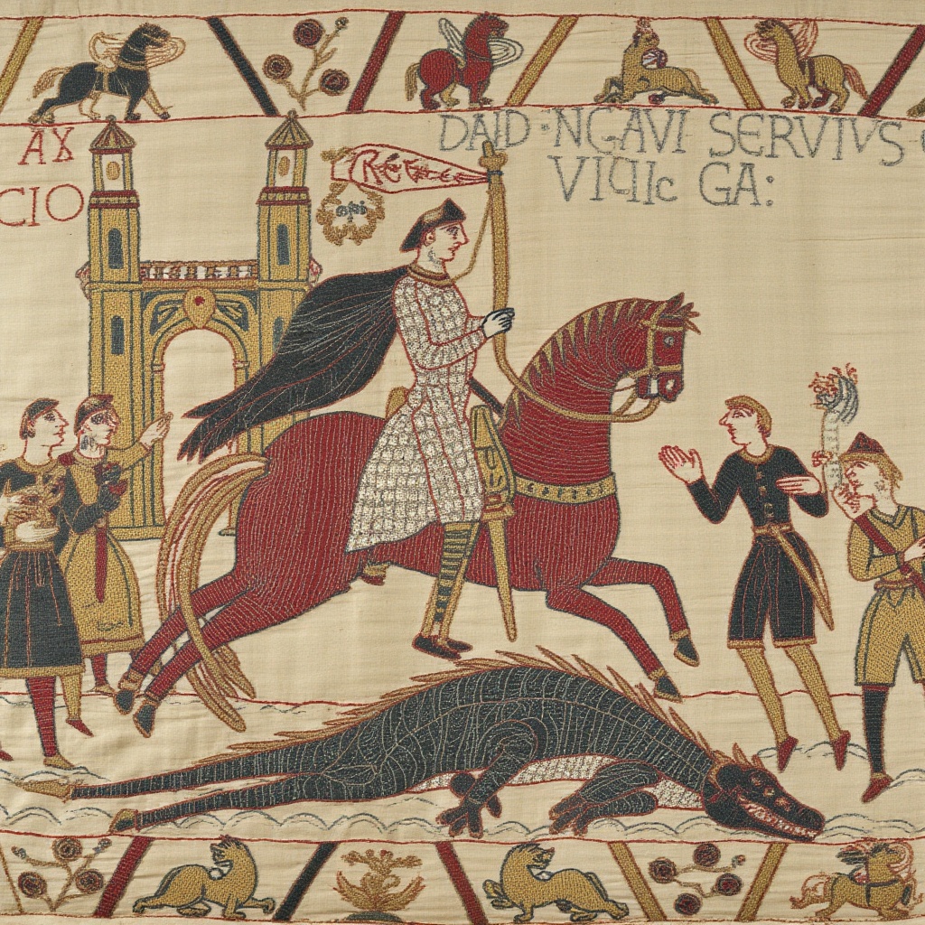 A knightly horseman carries the princess on his horse,  leaving the ruined medieval castle behind after slaying dragon dea...