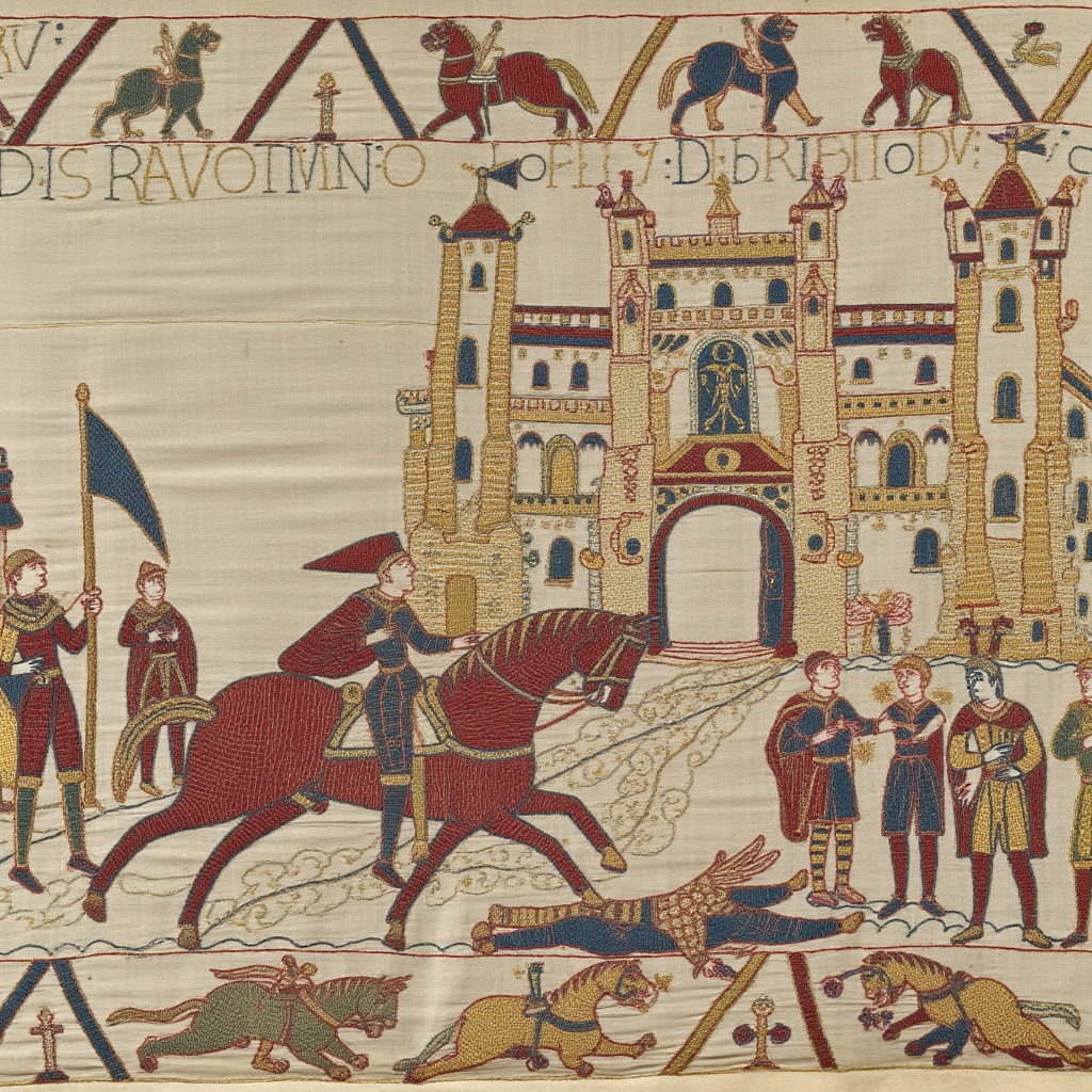 A knightly horseman carries the princess on his horse,  leaving the ruined medieval castle behind after slaying dragon dea...