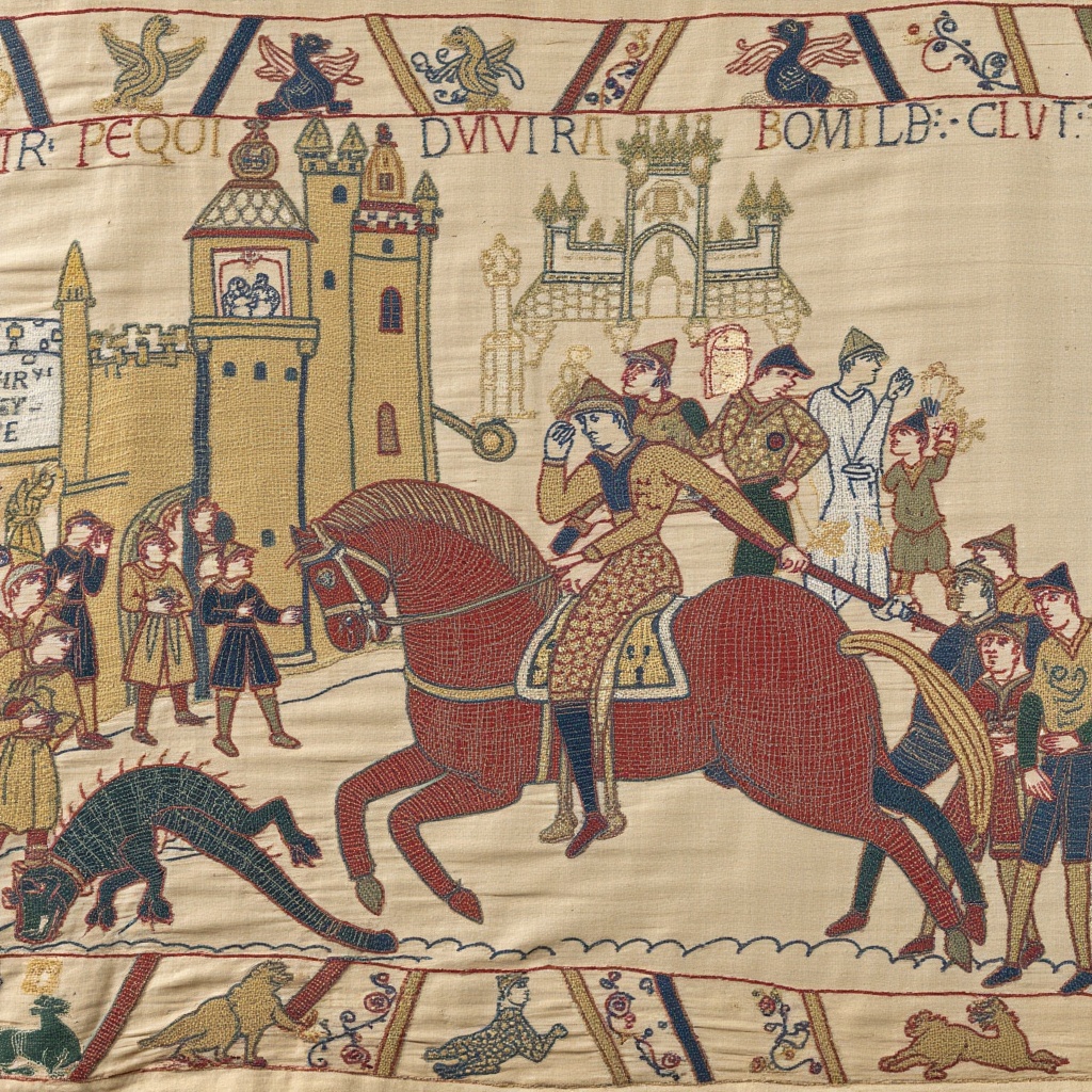 A knightly horseman carries the princess on his horse,  leaving the ruined medieval castle behind after slaying dragon dea...